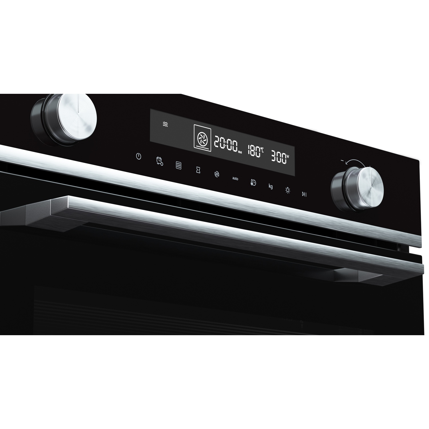 A modern black oven with silver knobs and a digital display.