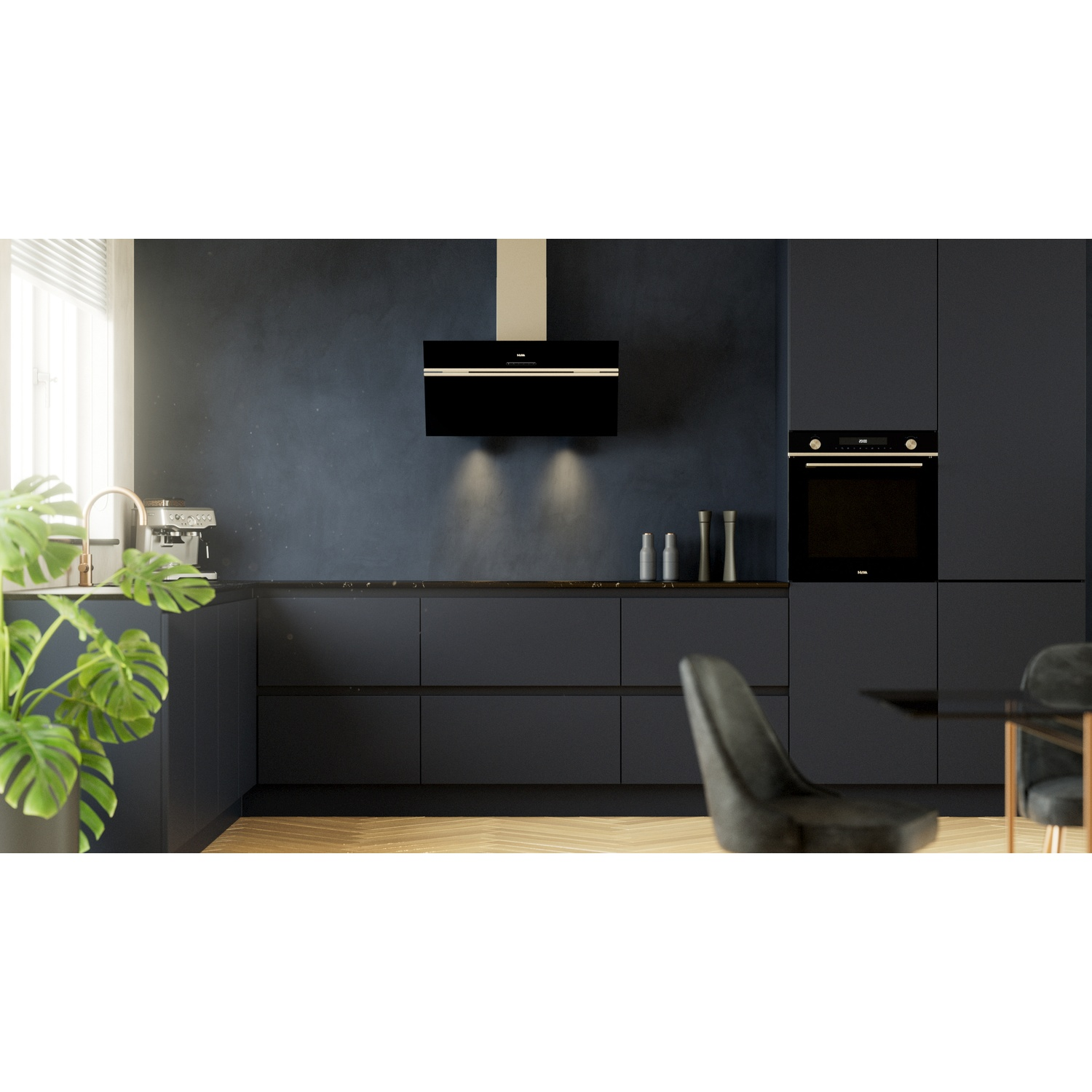 Modern dark kitchen with hood, oven, and dining table. Plants visible.