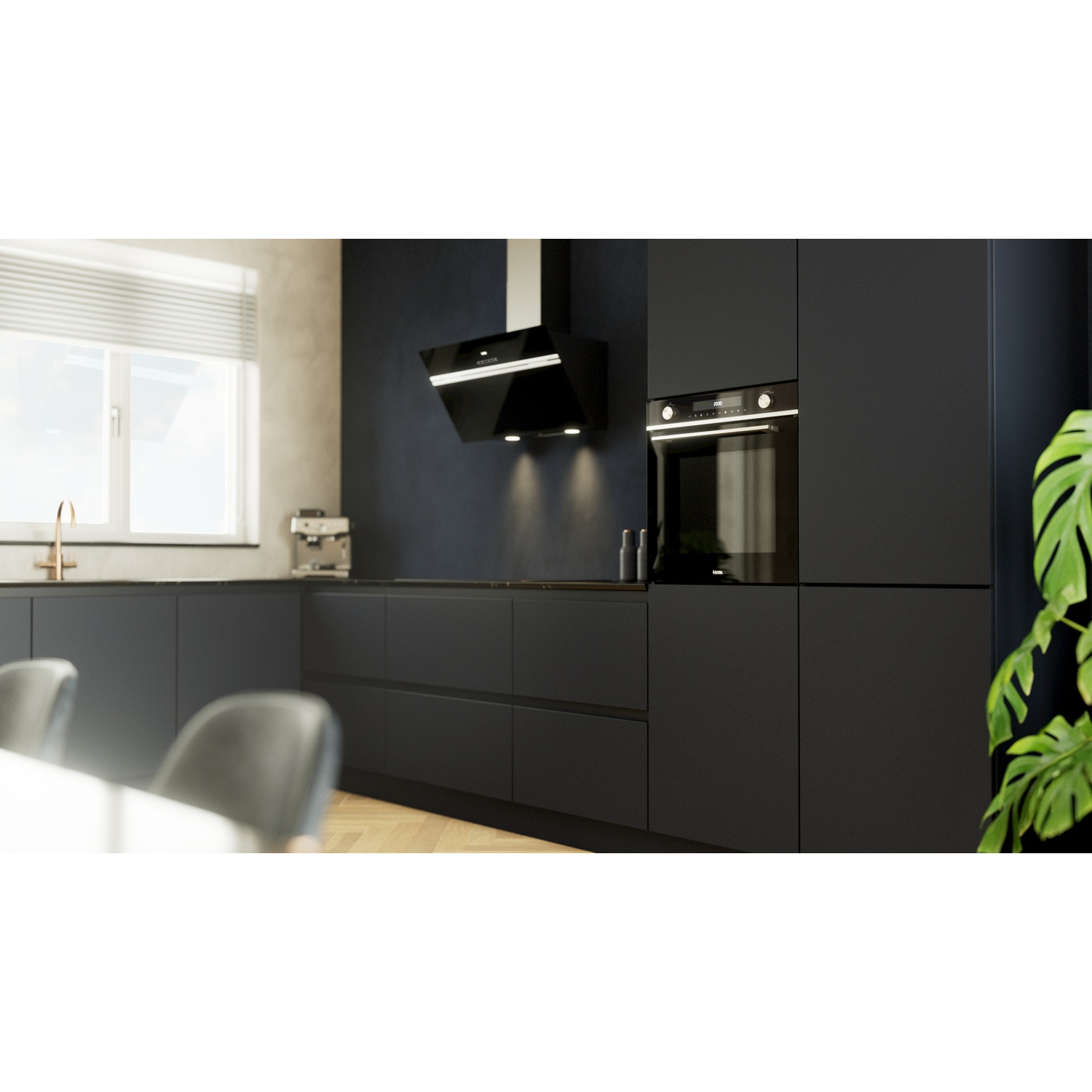 Modern black kitchen with a hood, oven, and window.