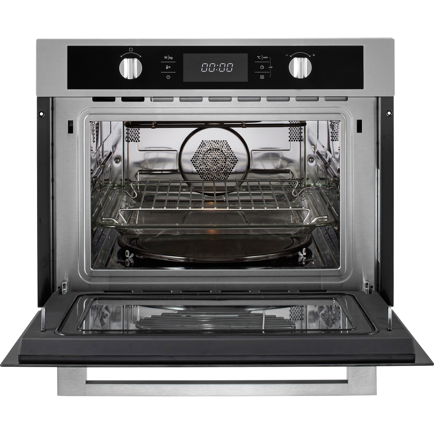 Stainless steel built-in oven with open door, showing interior, rack, and glass dish.