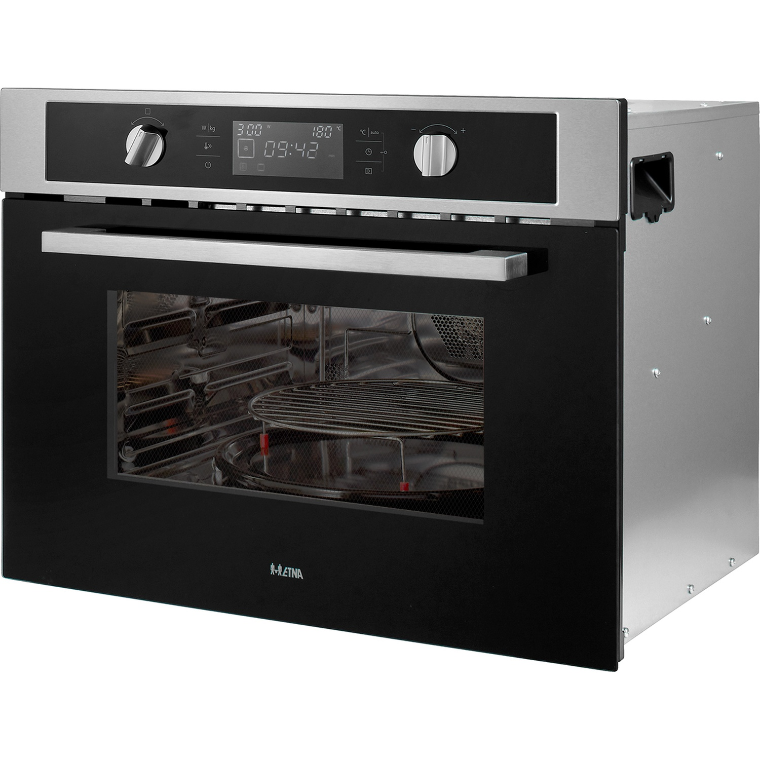 A modern built-in oven with a black door and silver handle. The control panel shows digital displays.