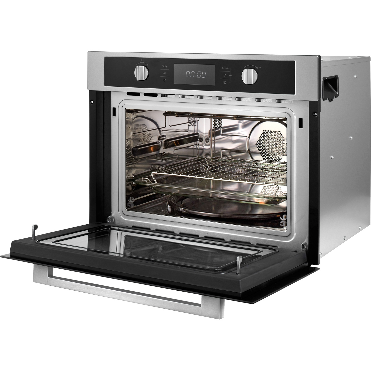 A modern silver built-in oven with its door open. Racks and a fan are visible inside.