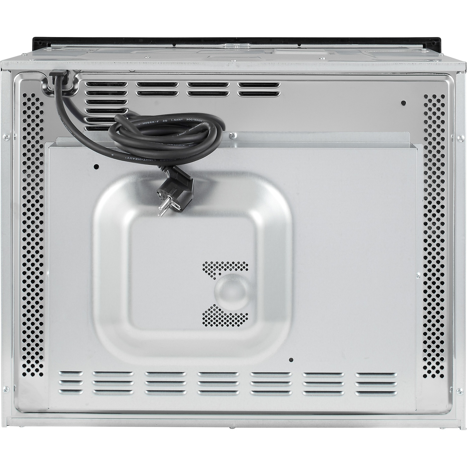 Back of microwave oven showing power cord, plug, vents, and metal casing.