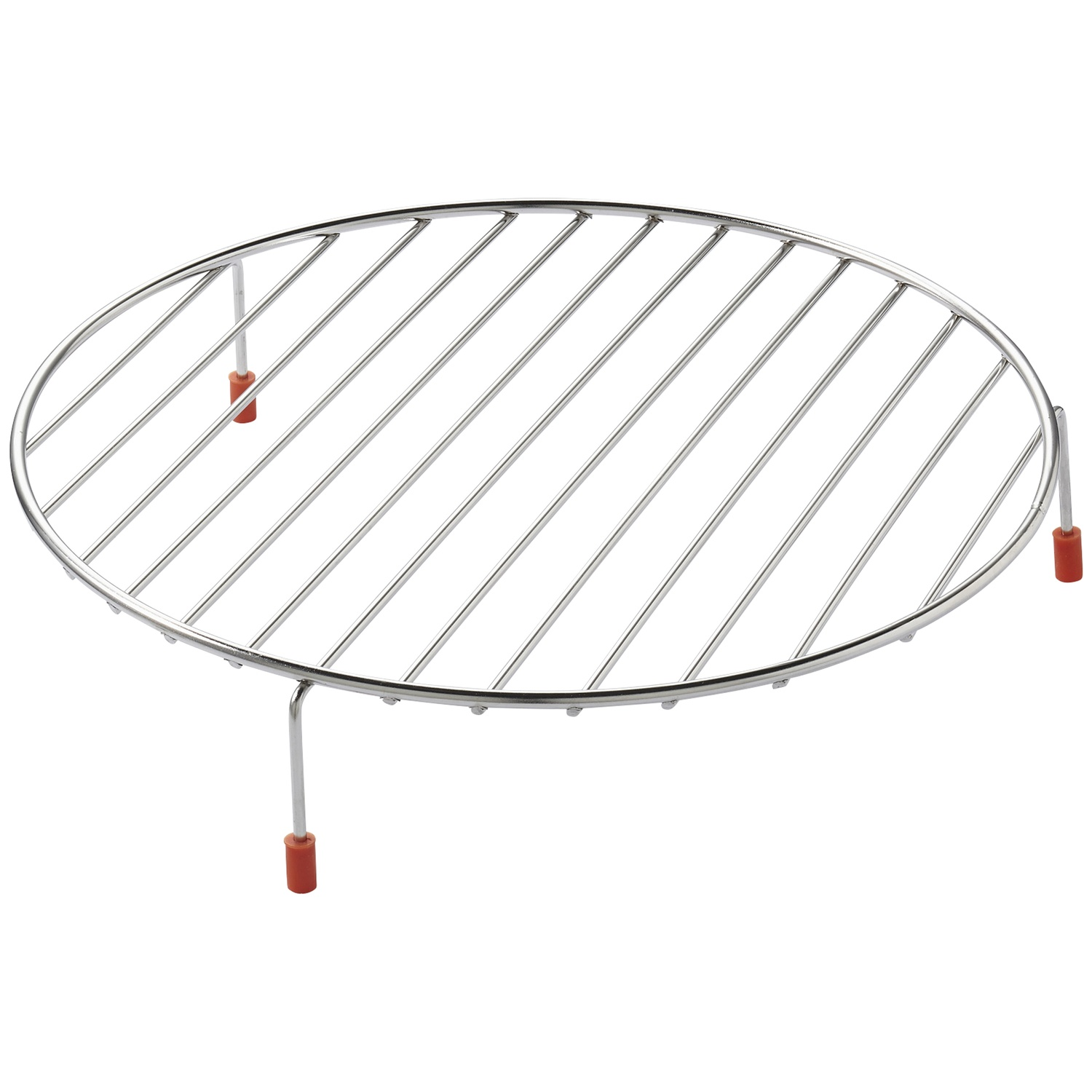 A round, silver grill rack with three red feet on a white background.