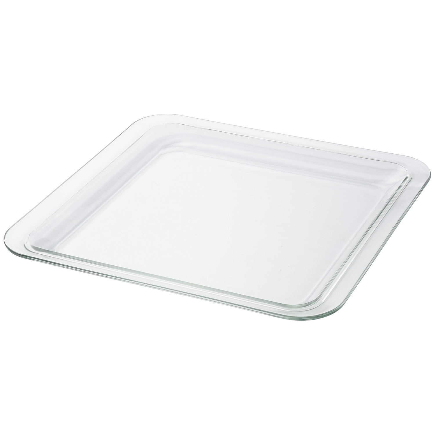 A square, clear glass tray with rounded corners.