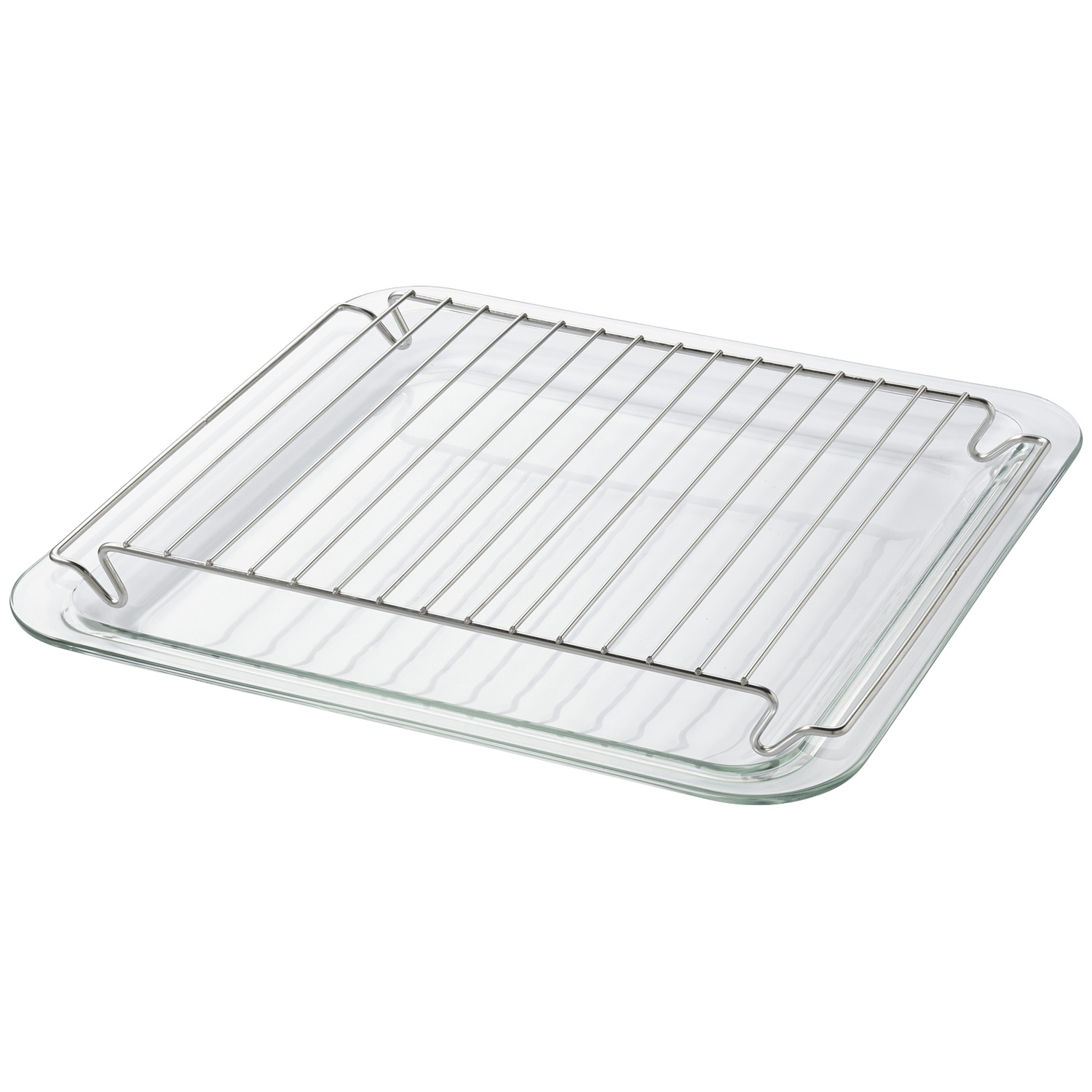 A rectangular glass baking dish with a metal rack on top.