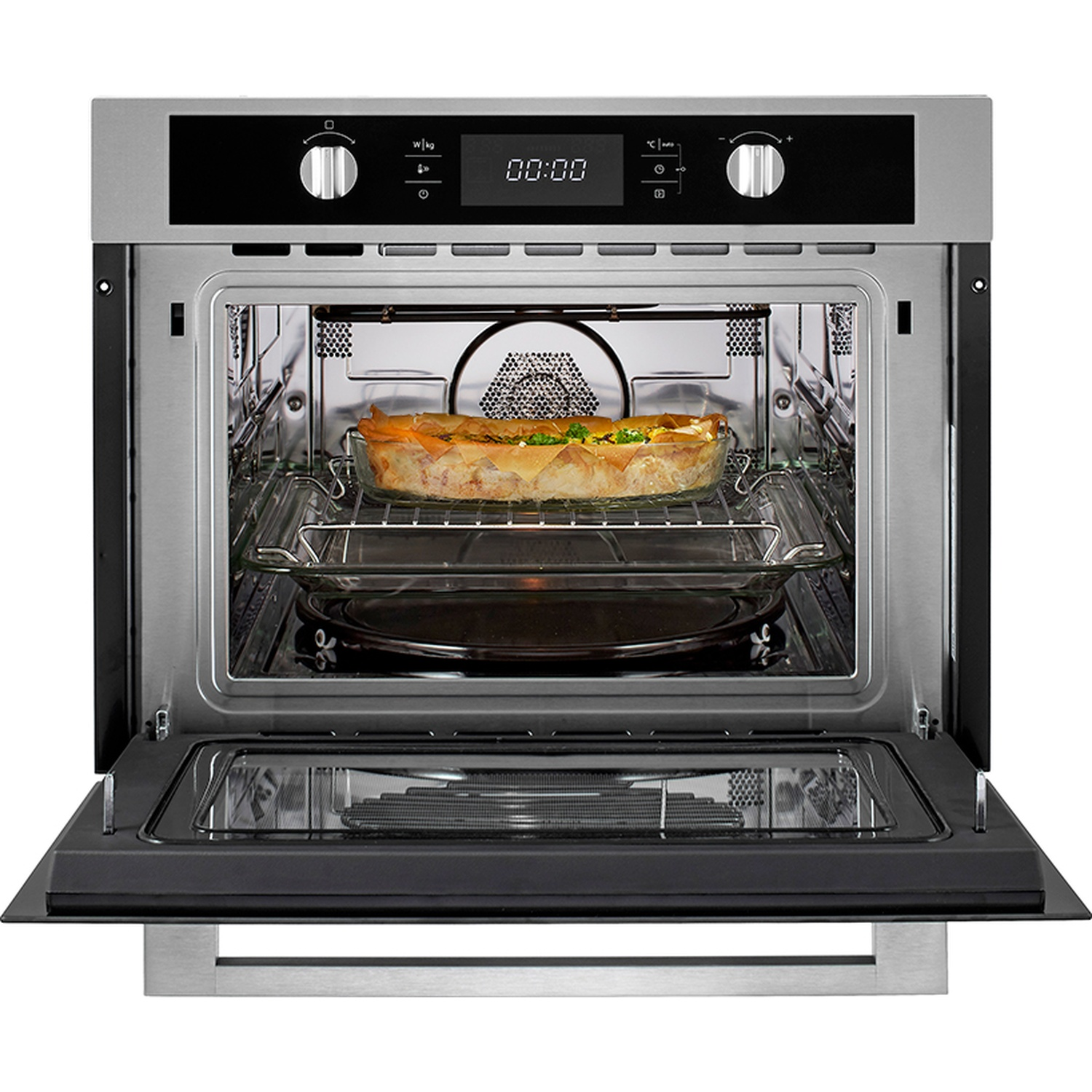 A modern oven with its door open, a casserole baking on the rack inside.