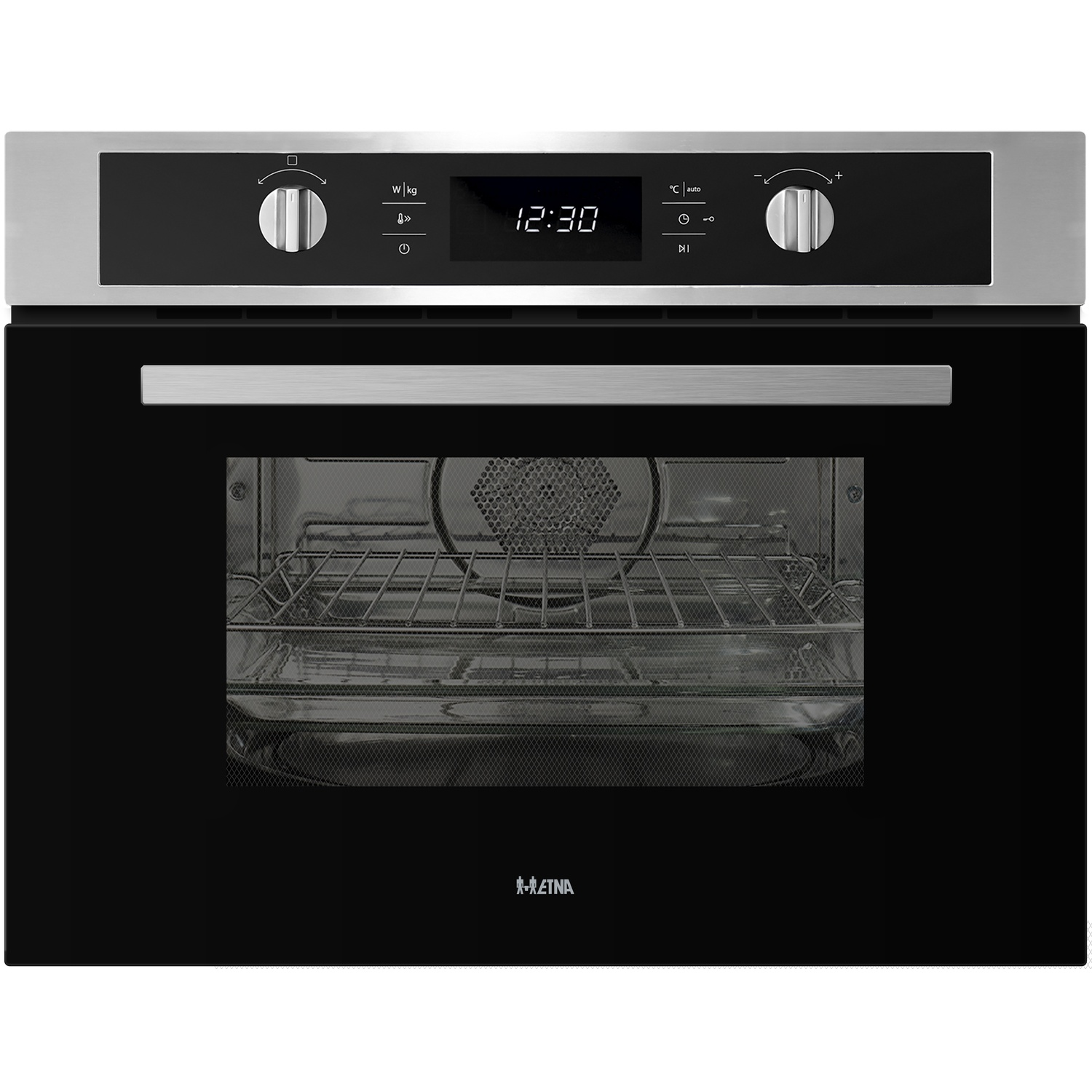 Modern built-in oven with a black glass door, silver handle, and digital display.