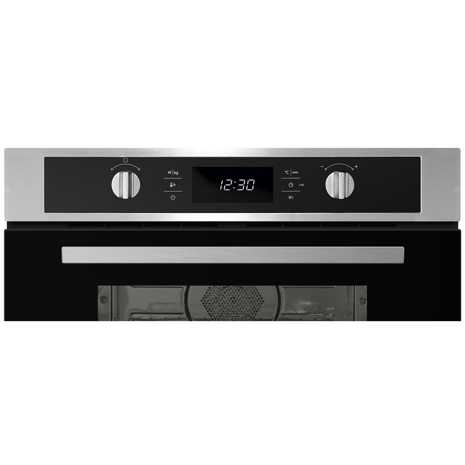A modern oven with a digital clock display and control knobs.
