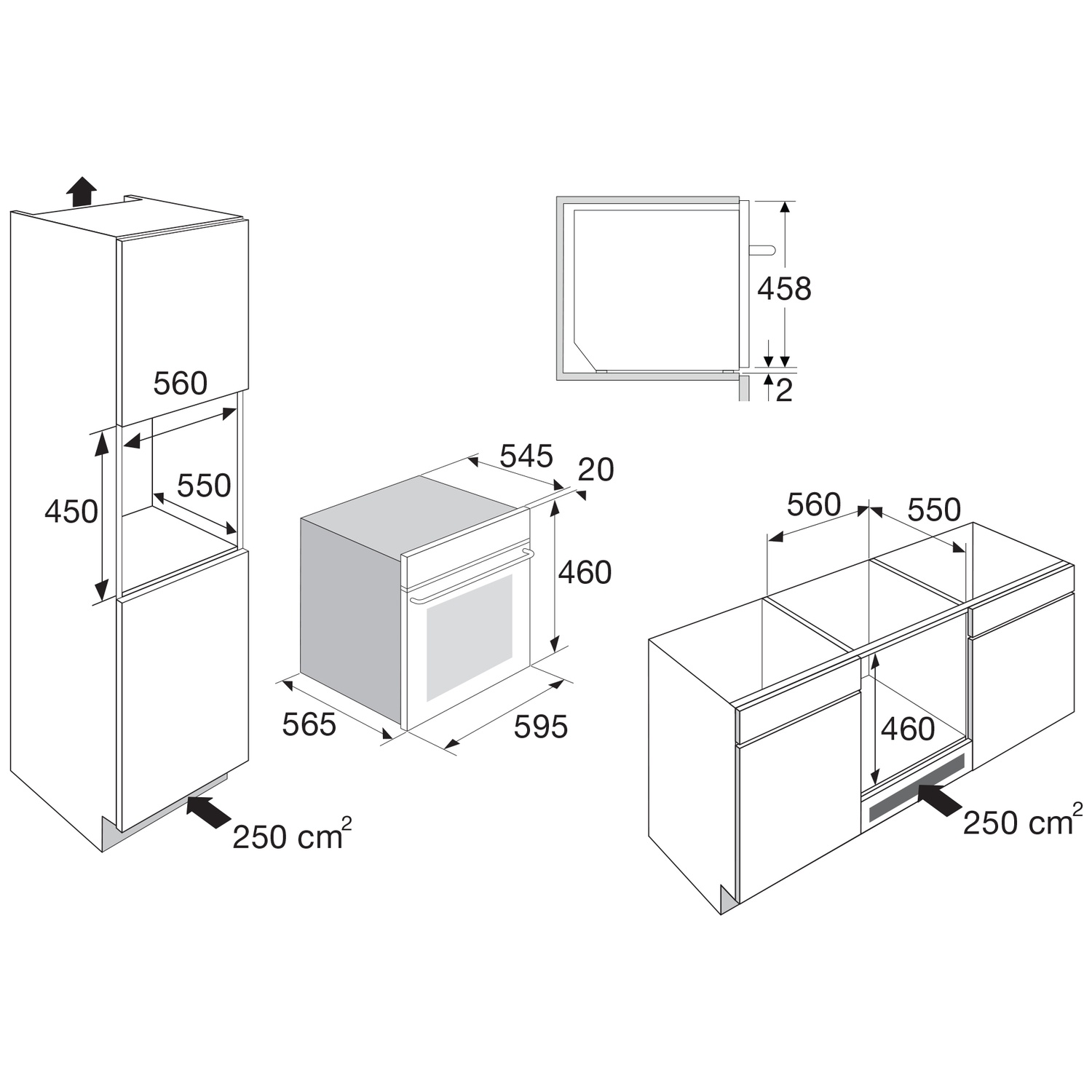 Technical drawing of kitchen appliances with dimensions.