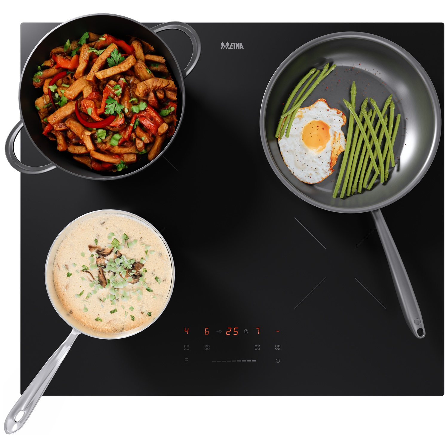 A stovetop with three pots: stir-fry, asparagus with egg, and mushroom soup.