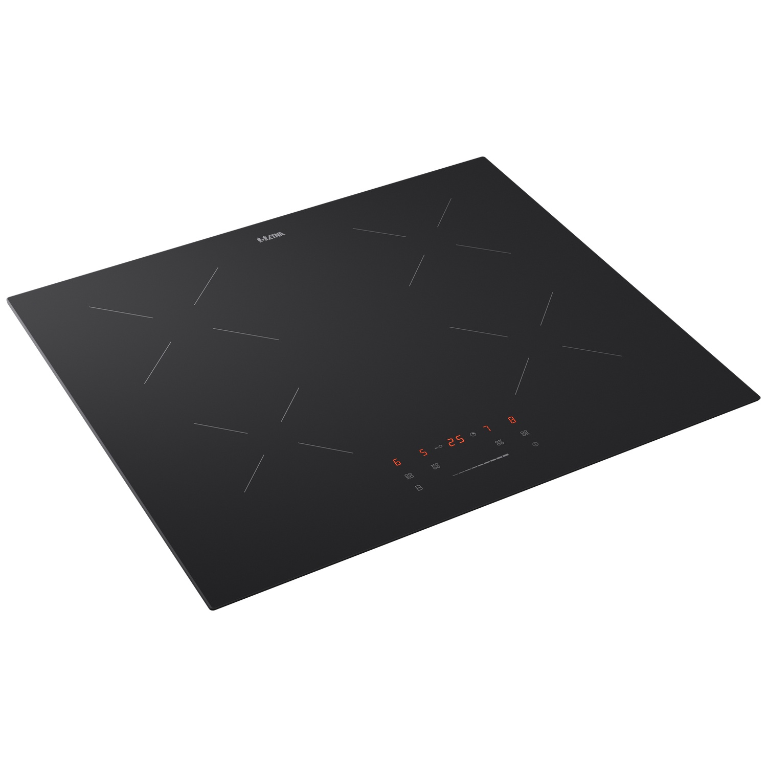 Black induction hob with four cooking zones and digital display.