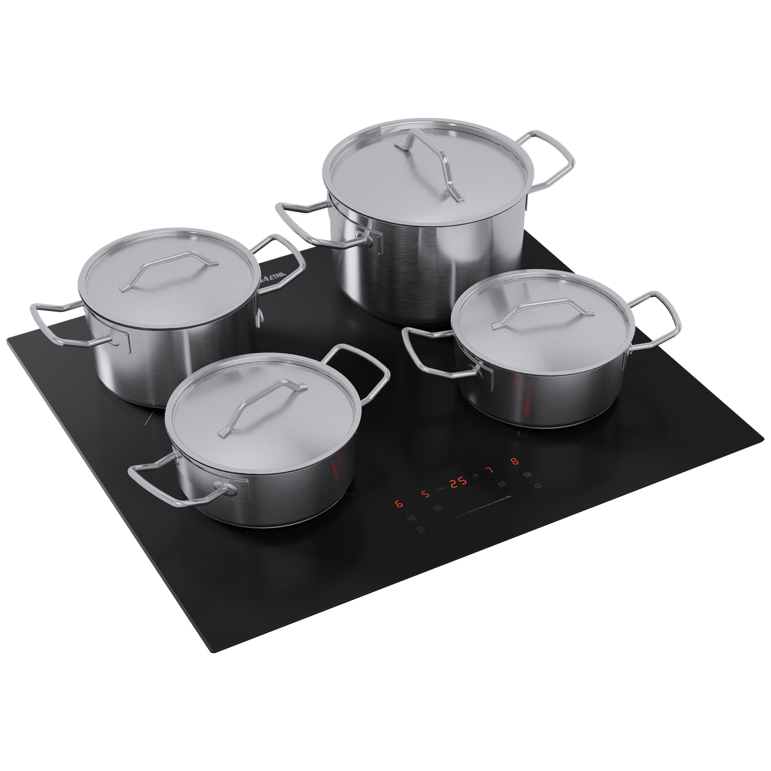 Four silver pots with lids sit on a black induction hob with red digital displays.