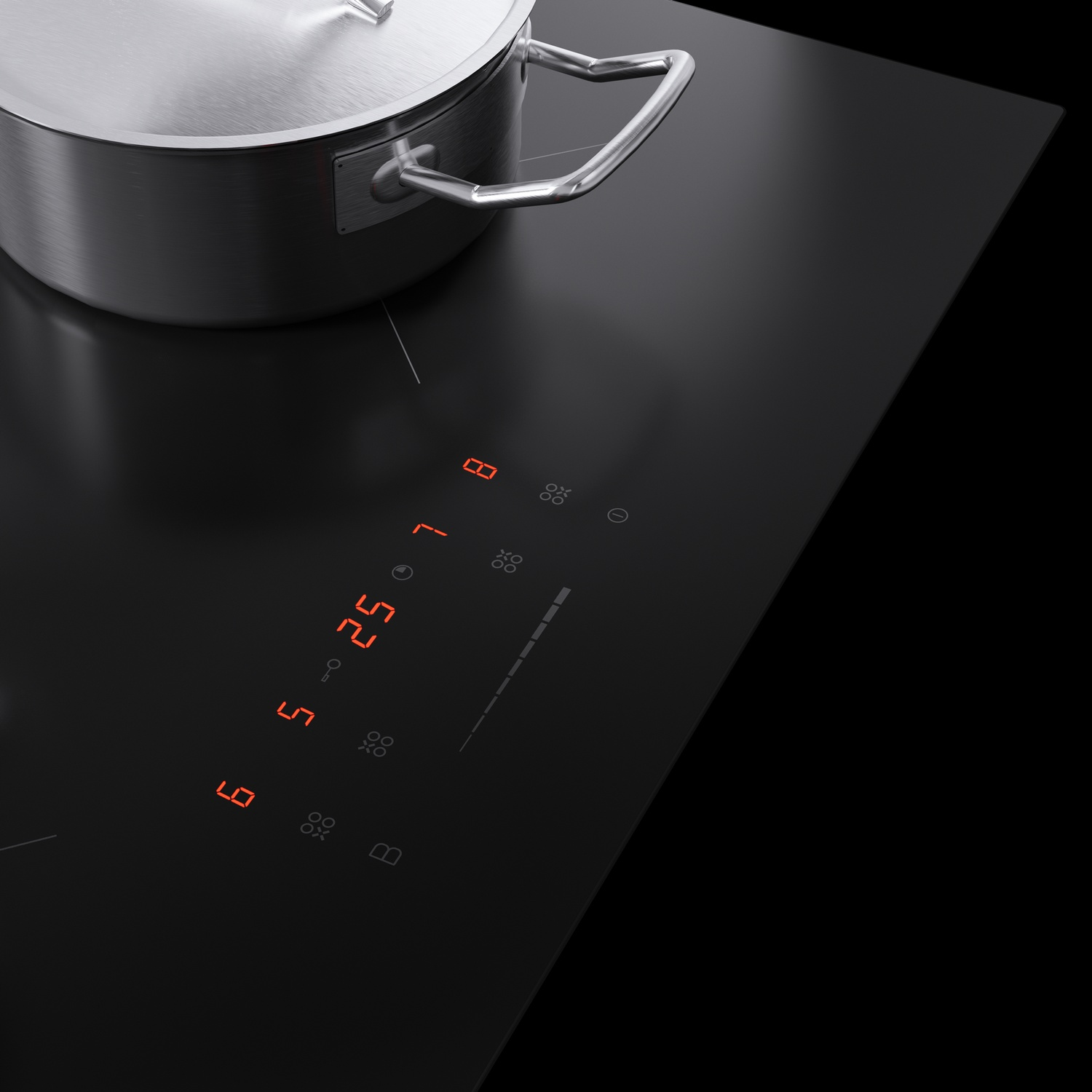 Pot on a black cooktop with red numbers and symbols.