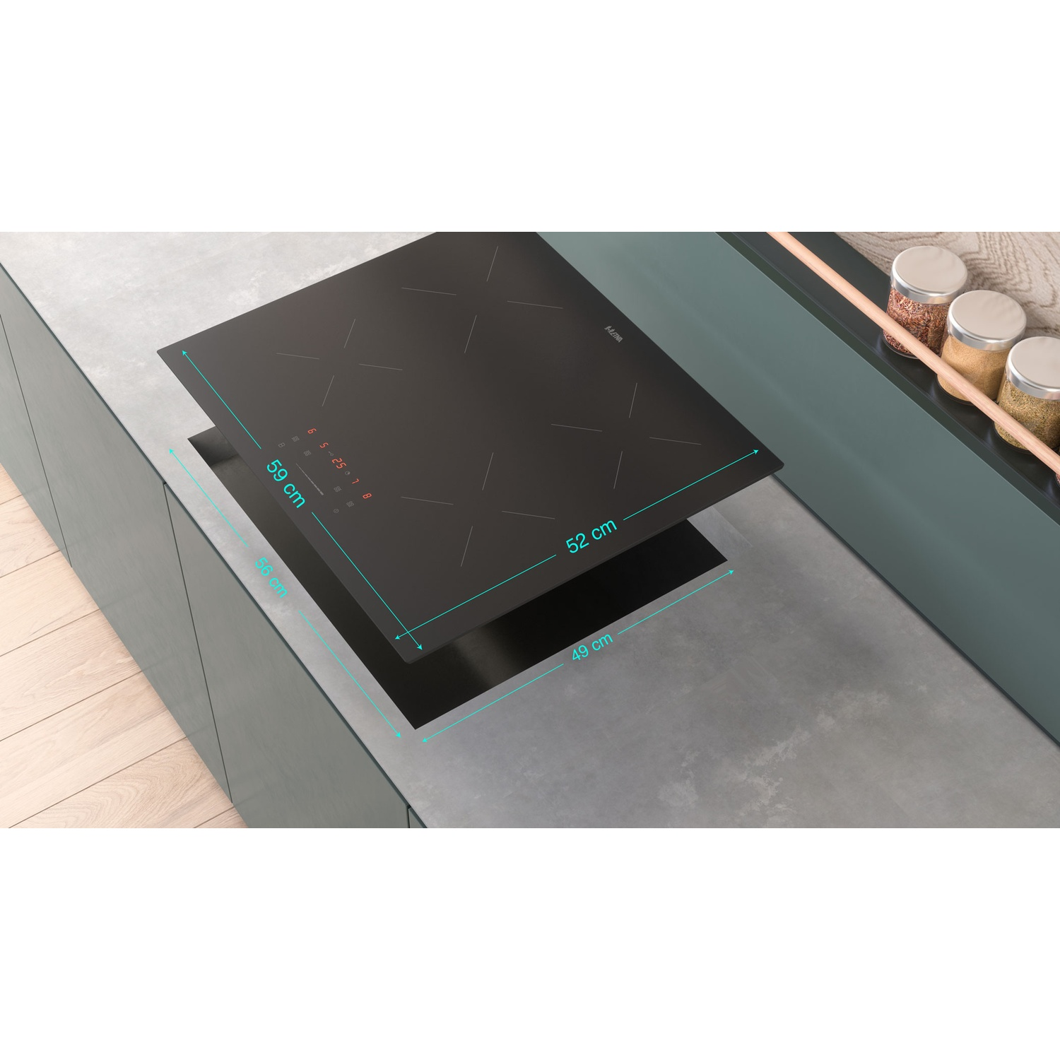 A black induction hob is shown on a countertop. Dimensions are indicated.