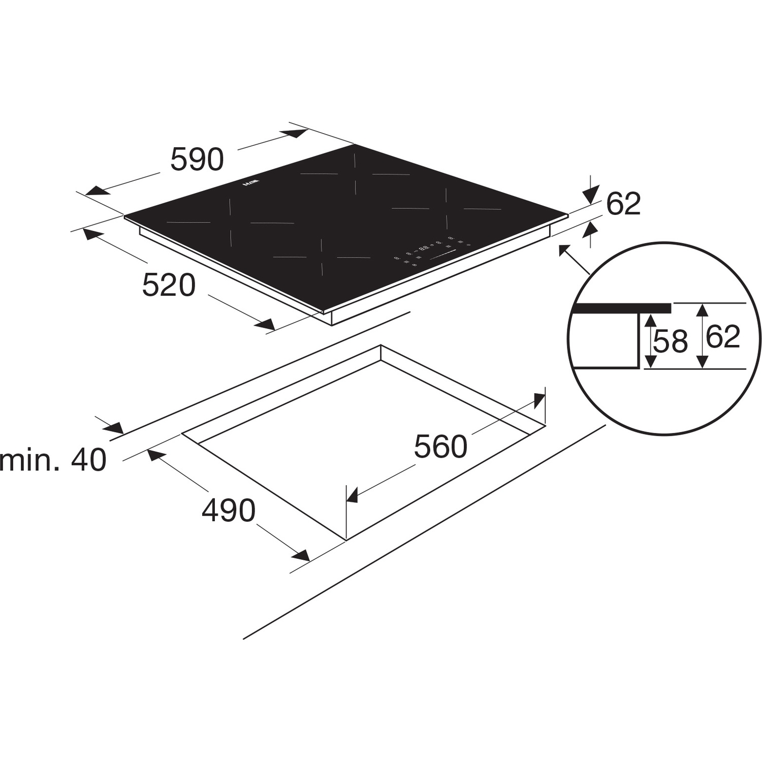 Built-in hob diagram with dimensions and cut-out size.