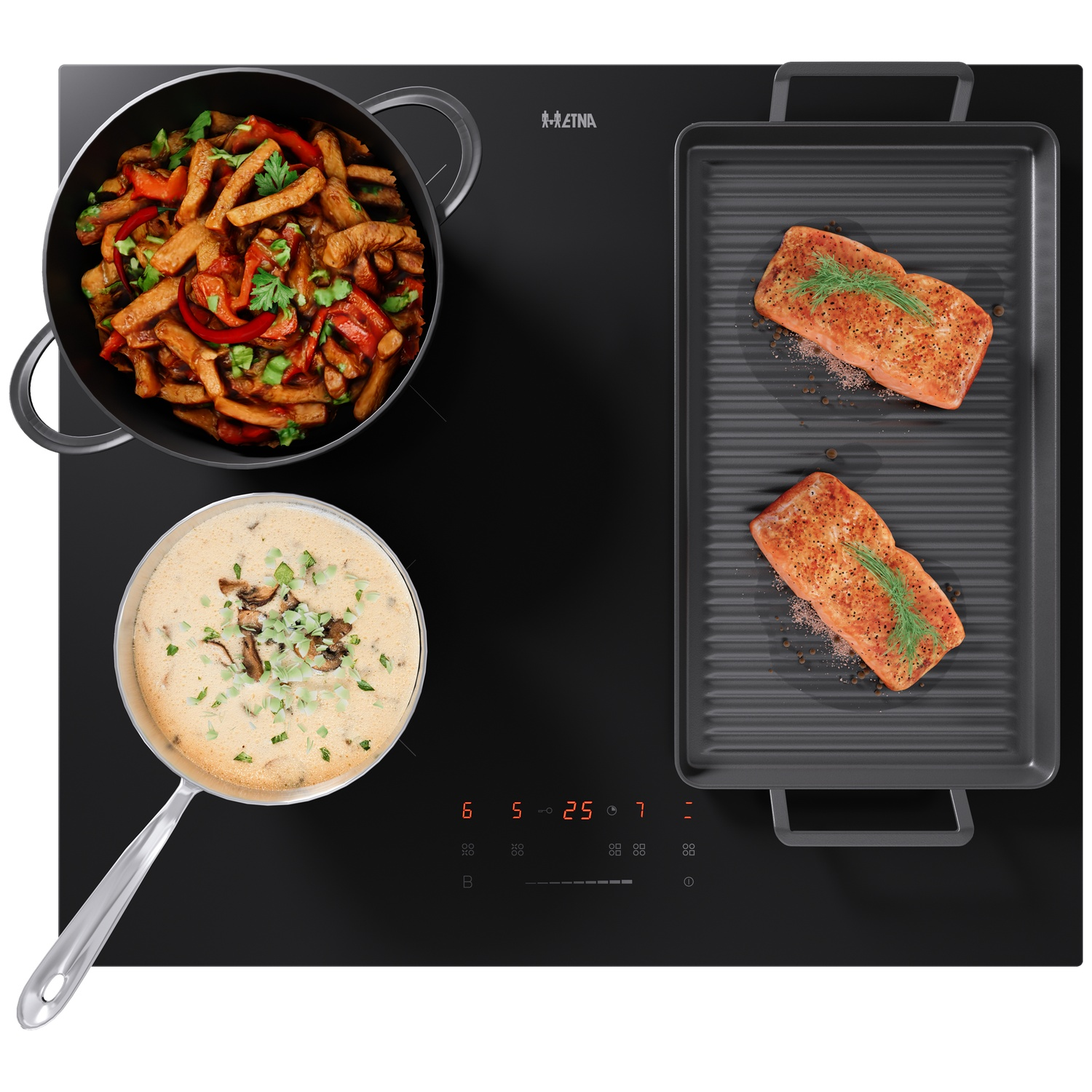 Une plaque de cuisson avec deux filets de poisson sur un grill et une marmite.