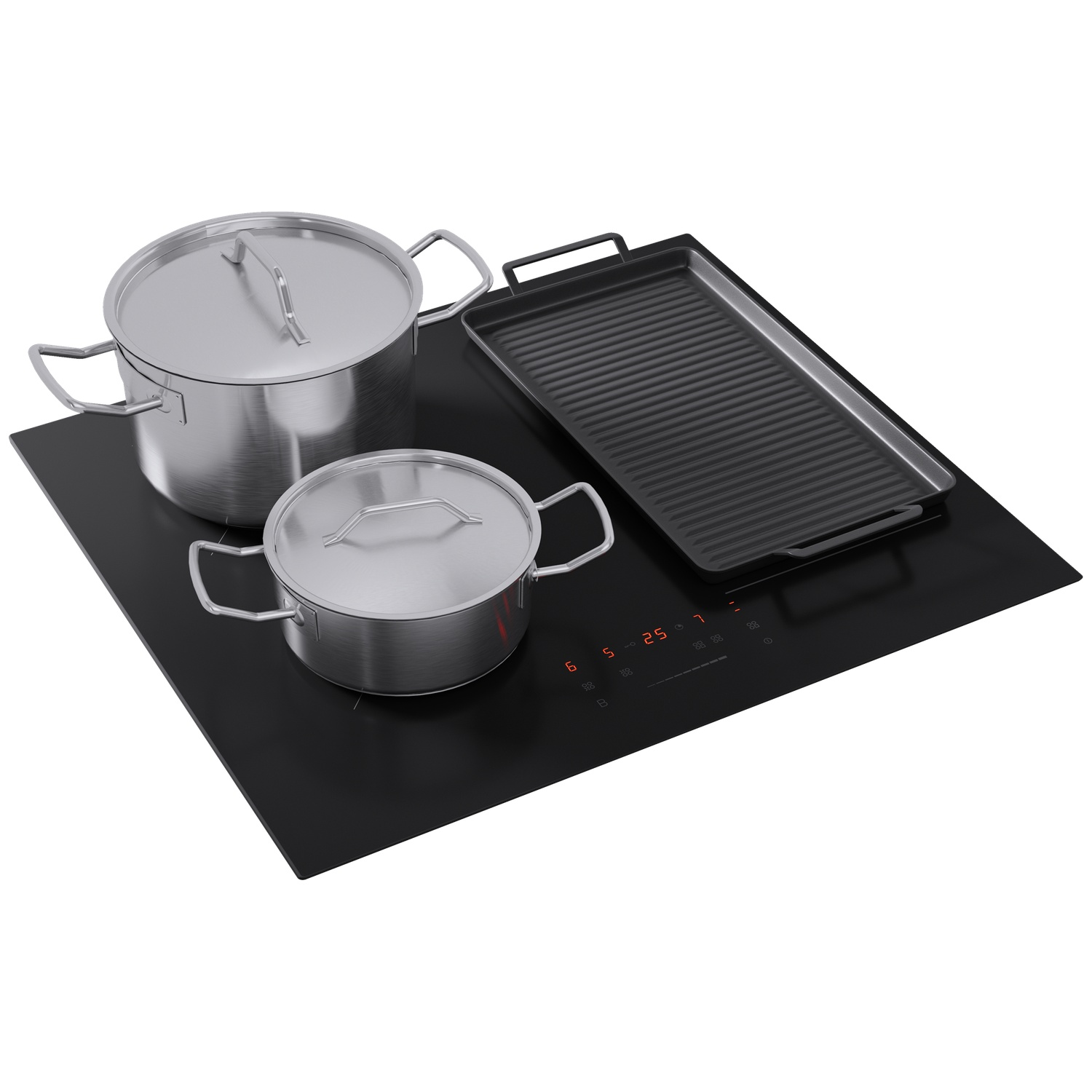 Une plaque à induction avec deux casseroles et une poêle.