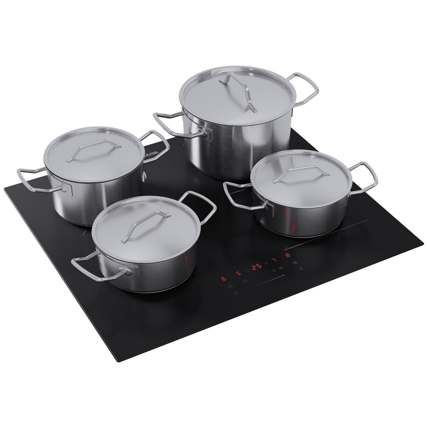 Quatre casseroles en acier inoxydable avec couvercles sur une plaque à induction noire.