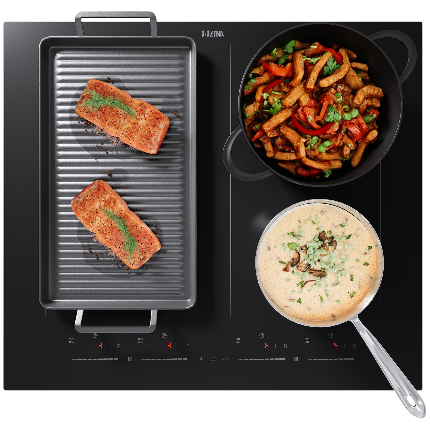 Two salmon fillets on a grill pan, next to a wok with stir-fried meat and vegetables.