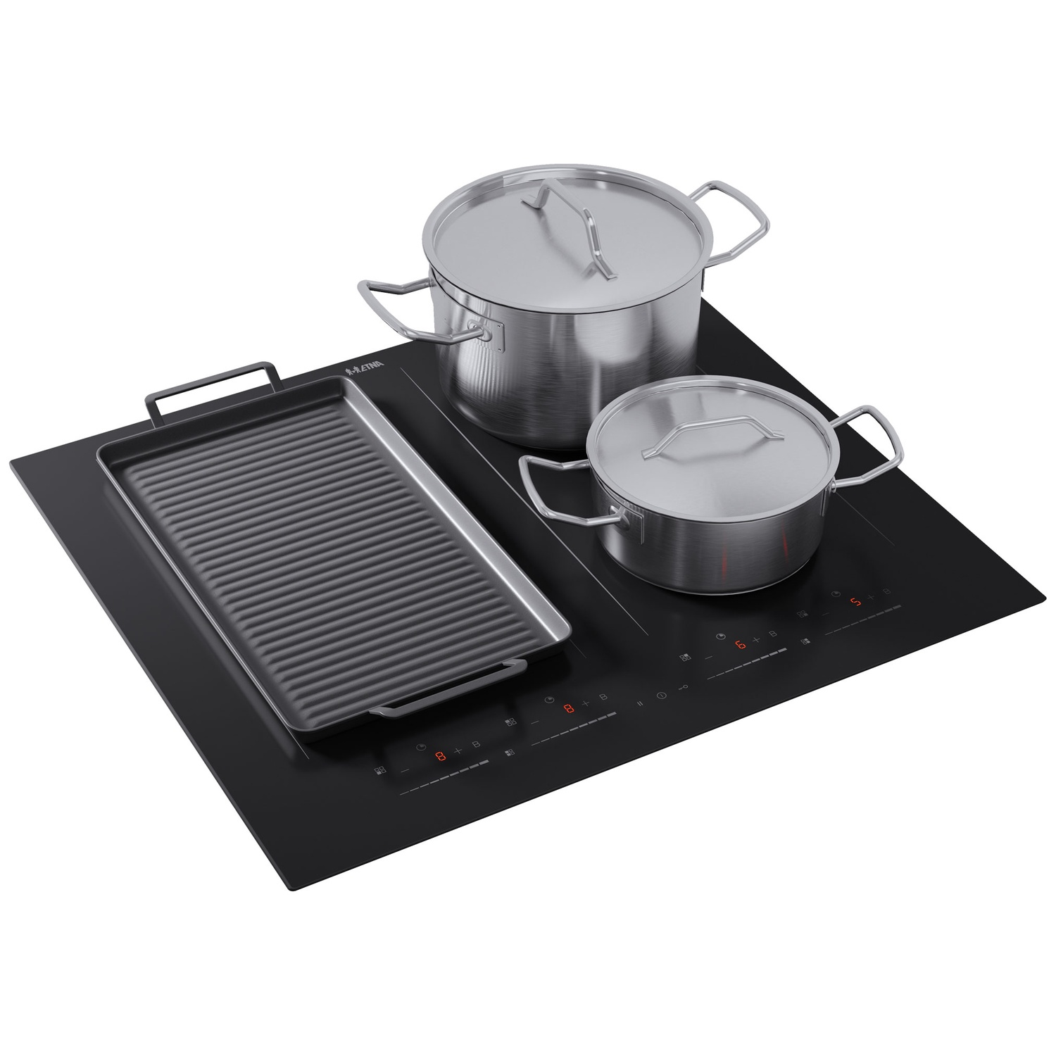 An induction cooktop with two pots and a grill pan.
