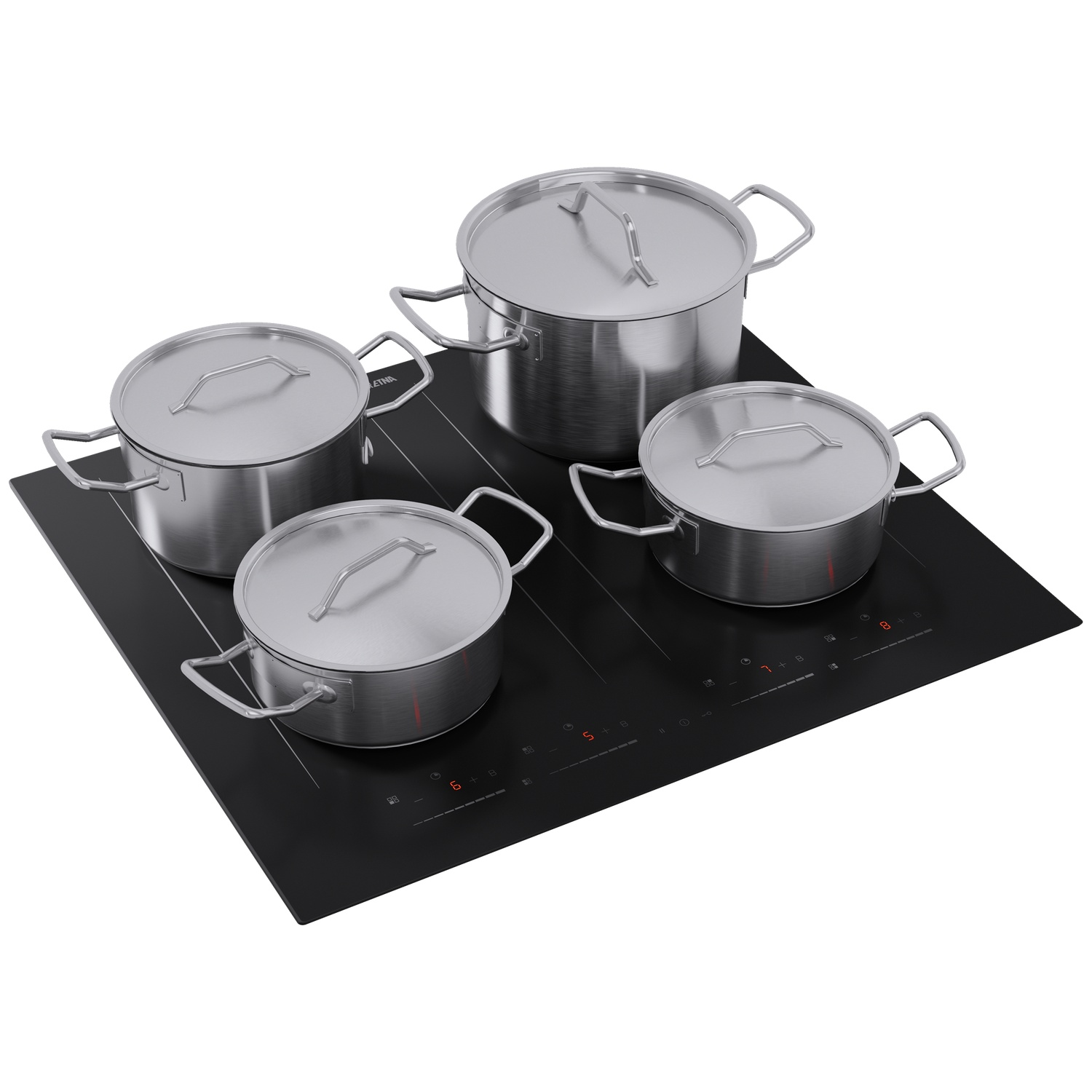 Stainless steel pots with lids on a black induction cooktop.