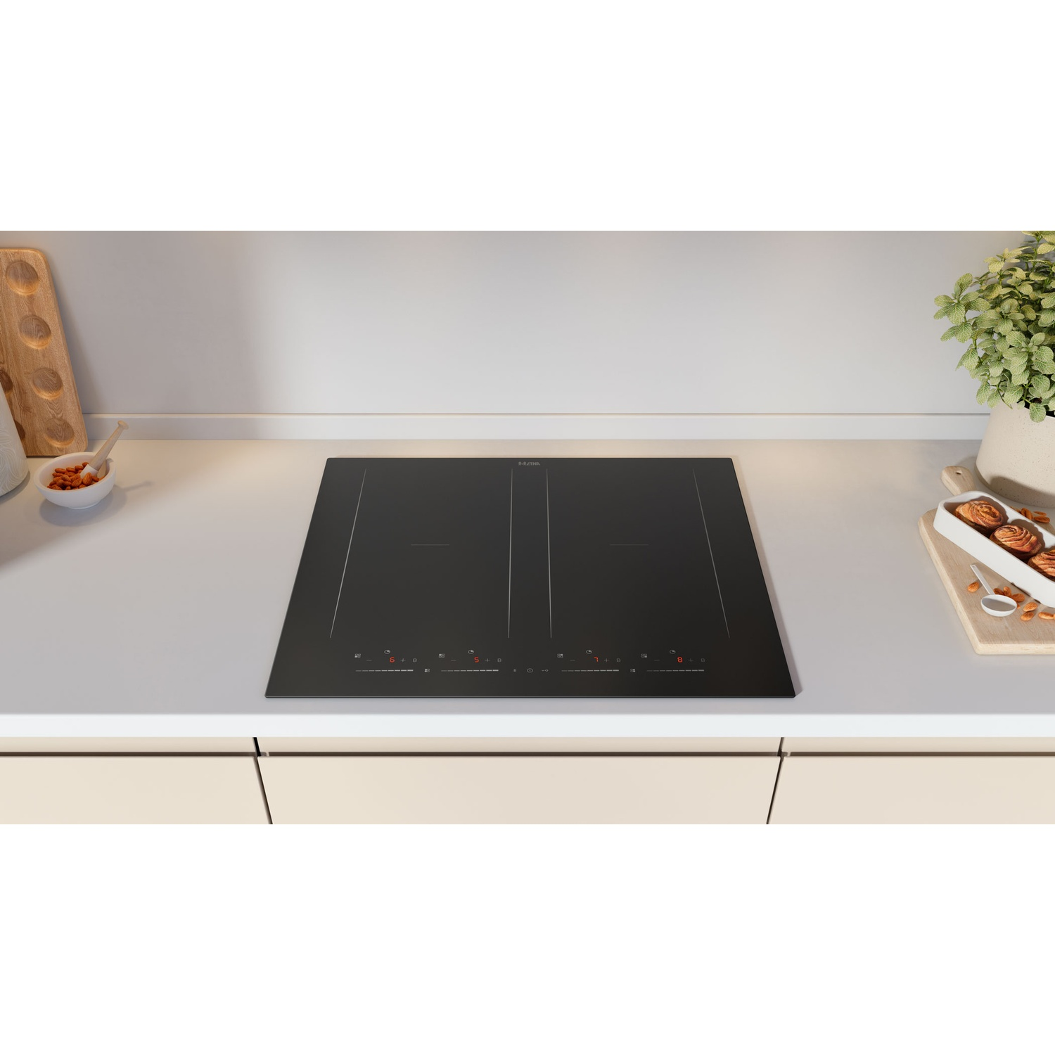 Black induction hob with digital controls and kitchenware nearby.