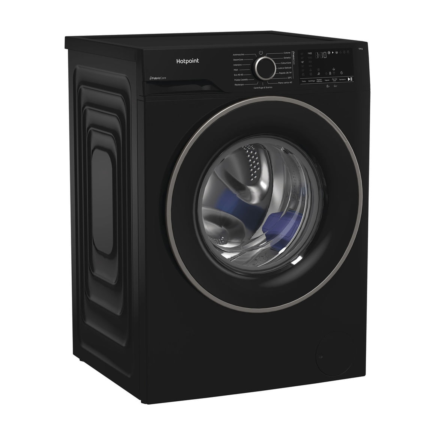 Lavatrice Hotpoint nera a carica frontale con finiture argentate e display digitale.