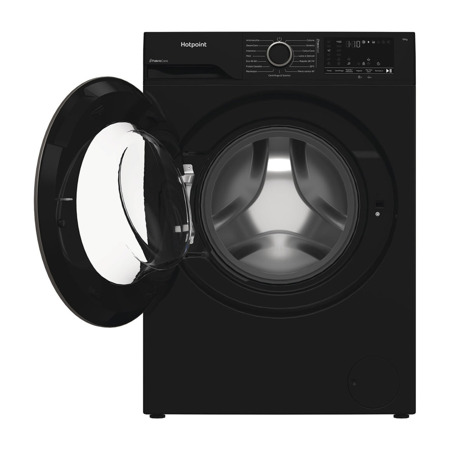 Lavatrice Hotpoint nera con porta aperta e pannello di controllo.