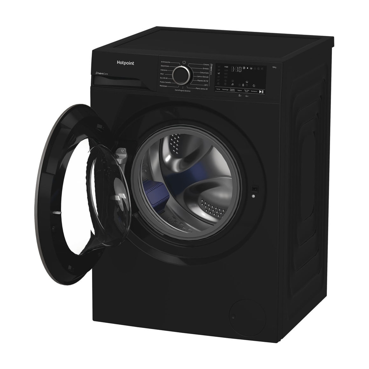 Lavatrice nera con porta aperta, cesto biancheria blu all'interno.