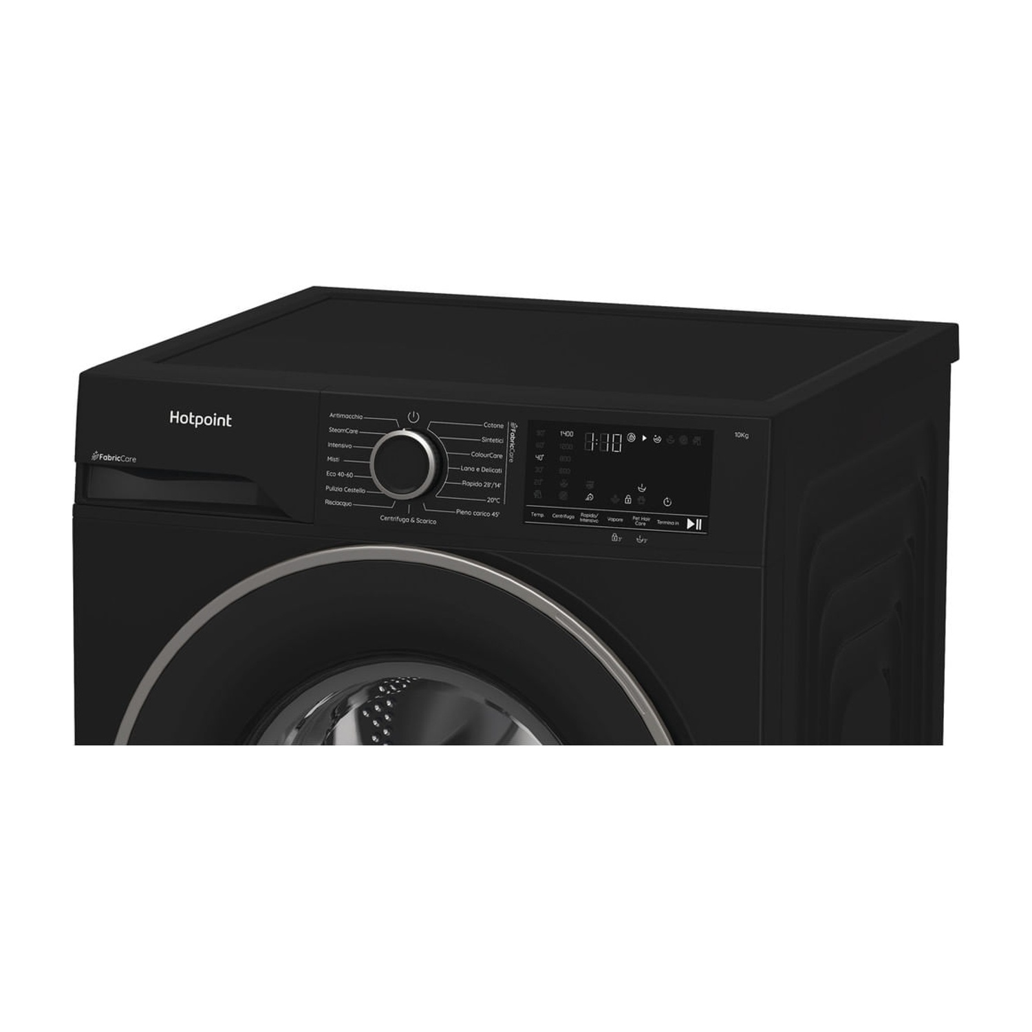 Lavatrice Hotpoint nera con display digitale e selezione programmi.