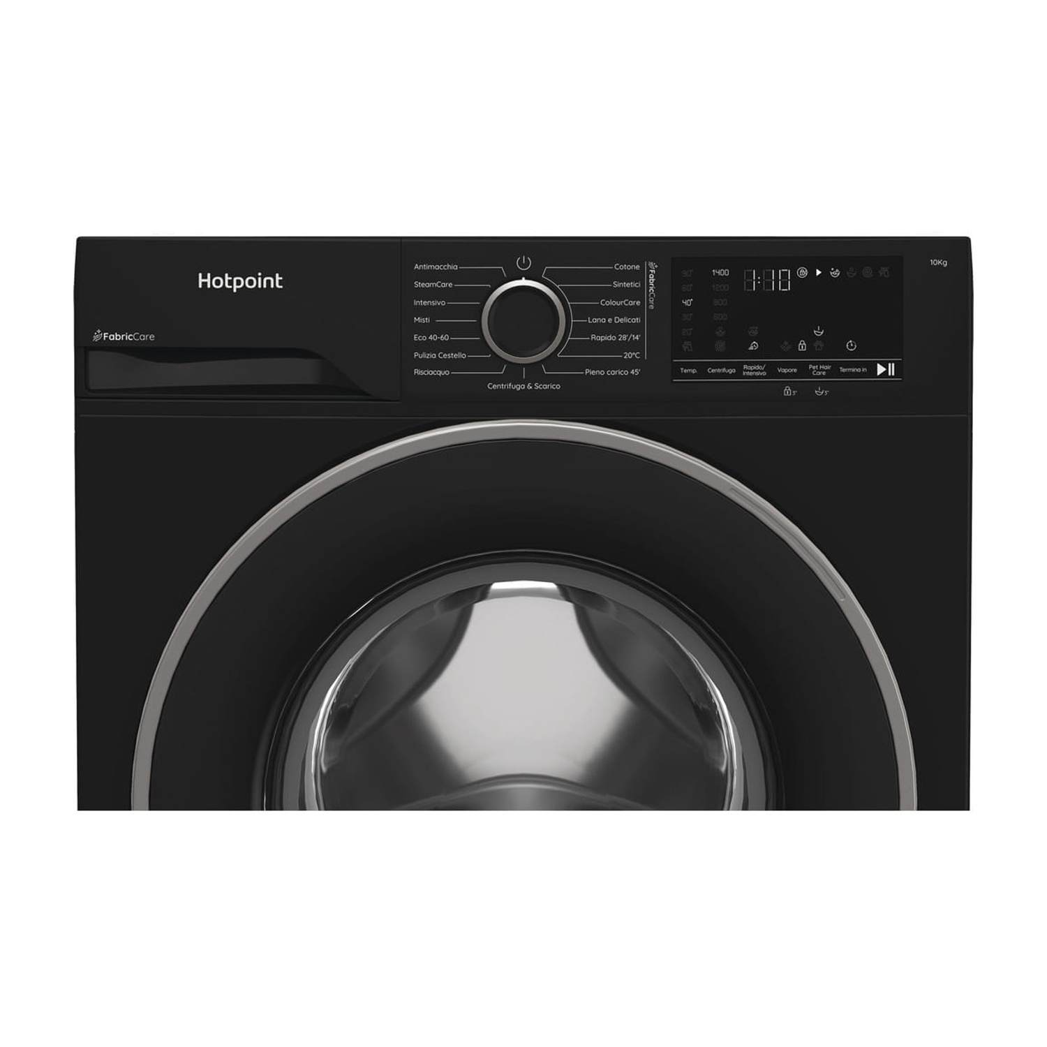 Lavatrice Hotpoint nera con display digitale e selettore programmi.