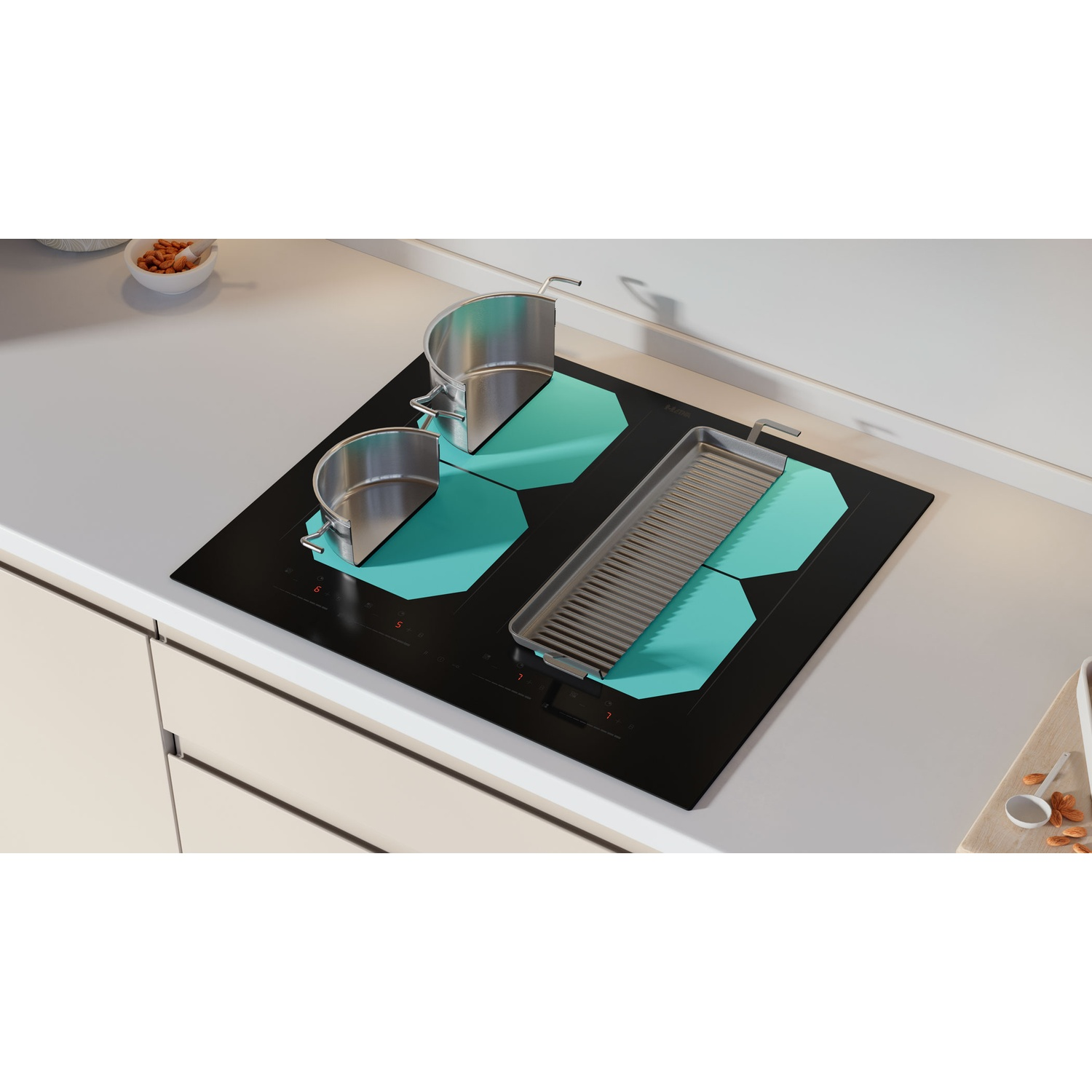 An induction cooktop with two pots and a grill pan.