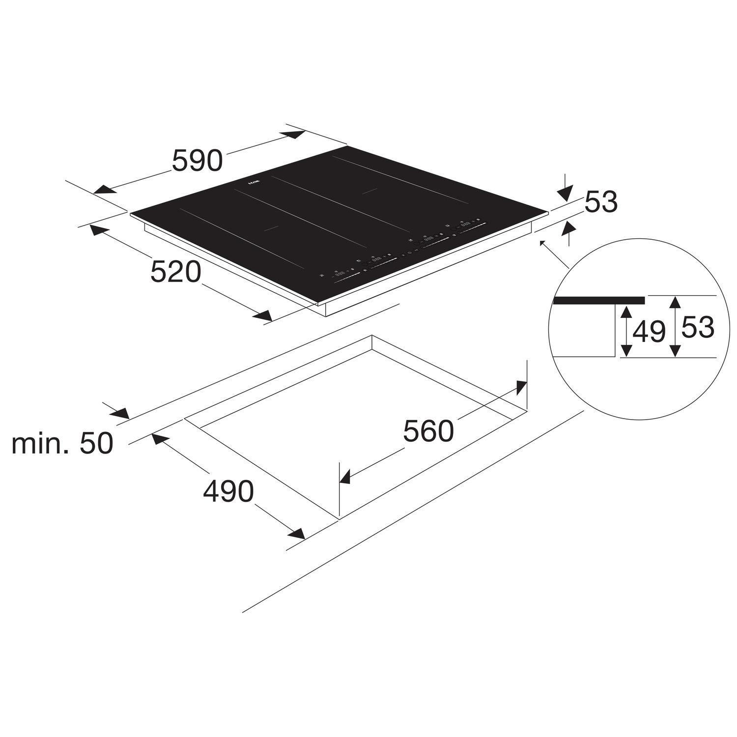 Built-in hob with dimensions 590x520 mm and cutout 560x490 mm.