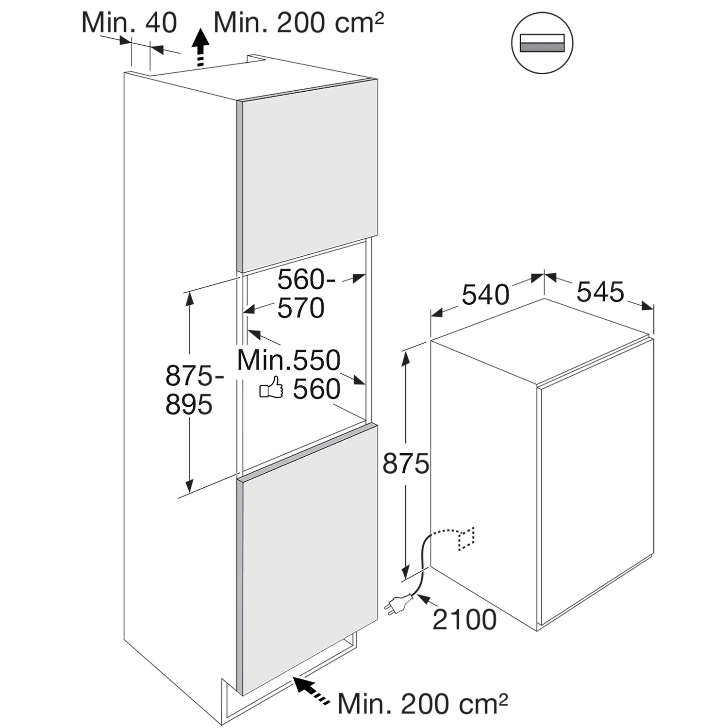 Dessin technique d'un appareil encastrable avec dimensions et notes d'installation.