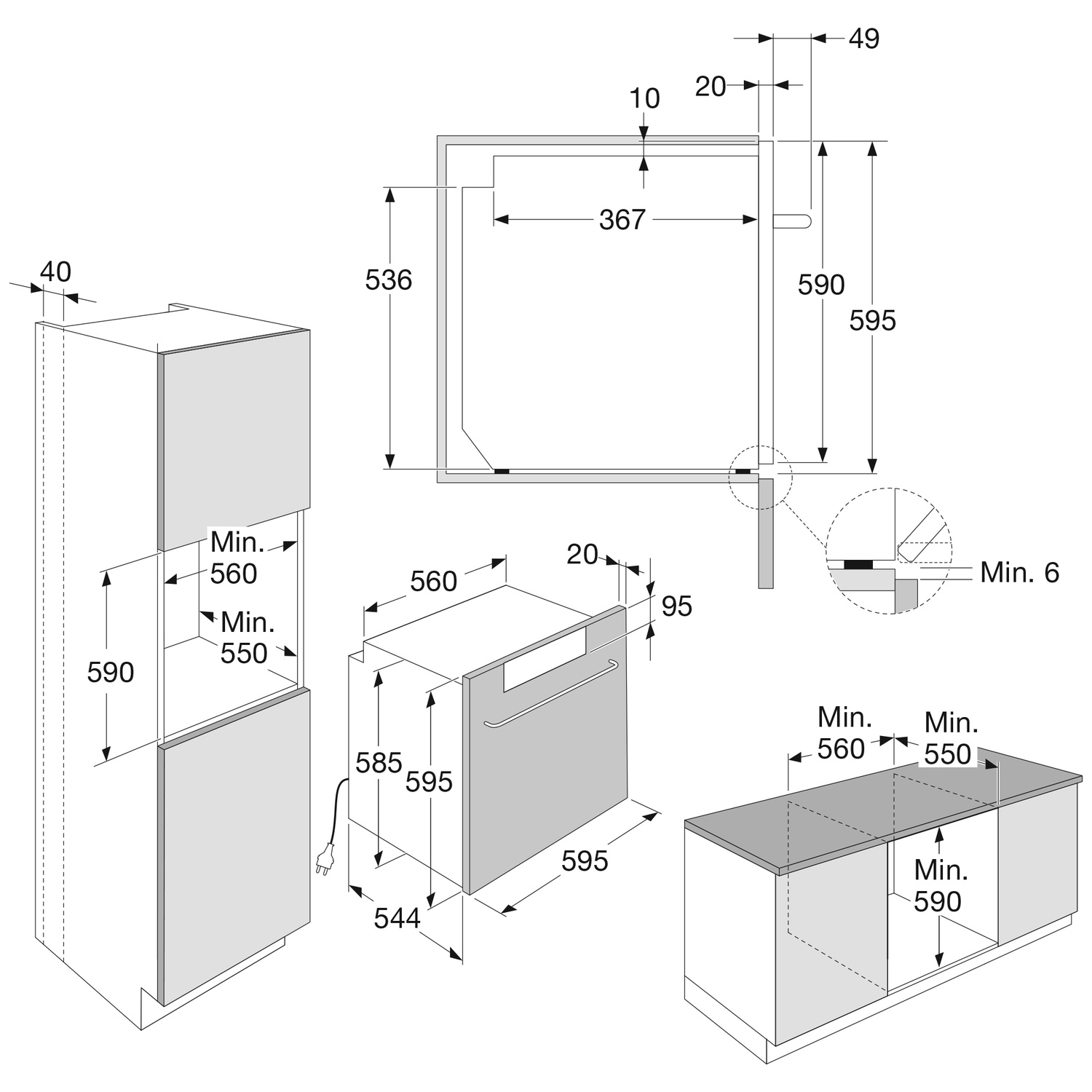 Technische tekening met afmetingen voor inbouwapparaten.