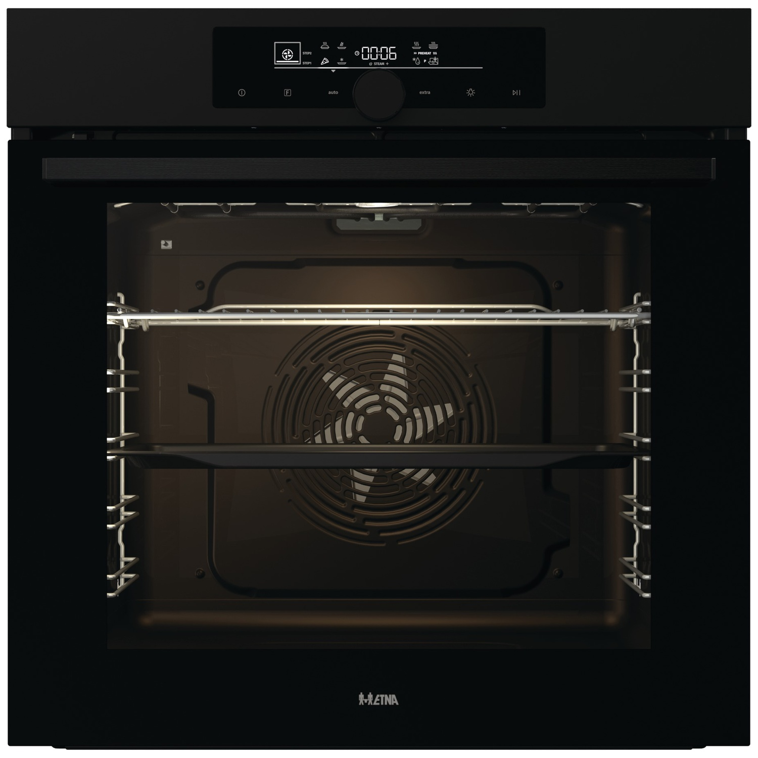 Un four noir avec un écran numérique et deux niveaux de grille.