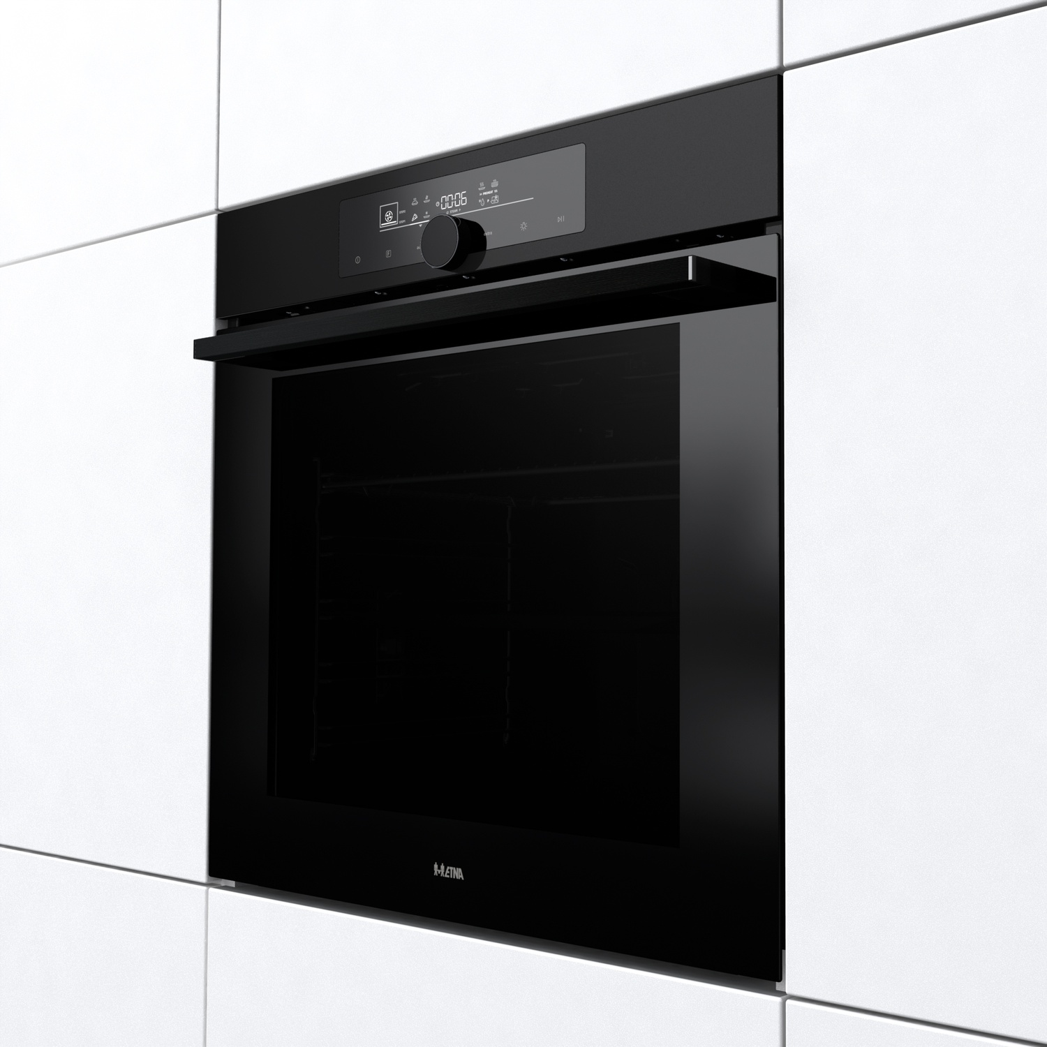 Un four encastrable noir moderne avec écran numérique et bouton.