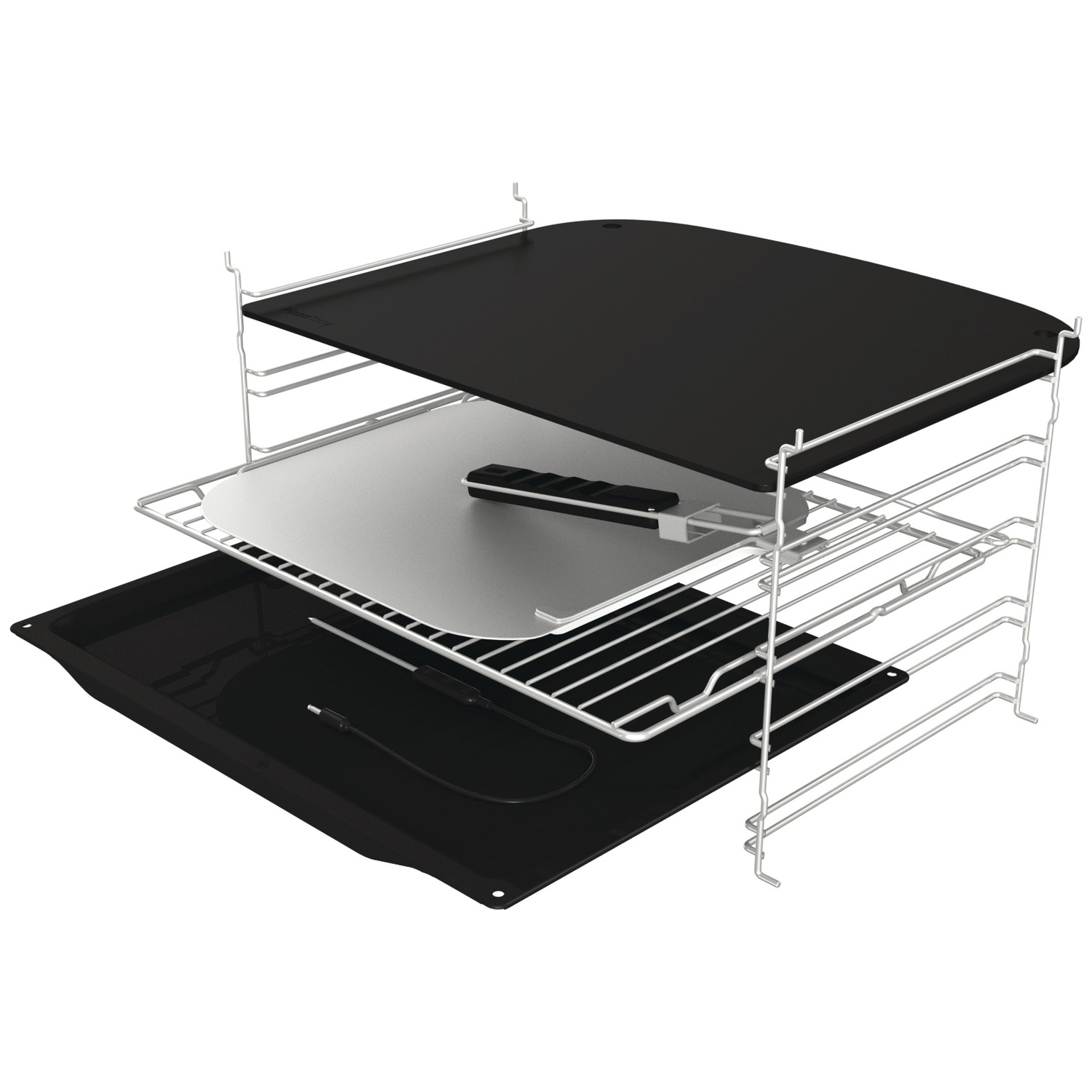 Un rack de four avec un plateau, une grille et une plaque métallique, sur fond blanc.