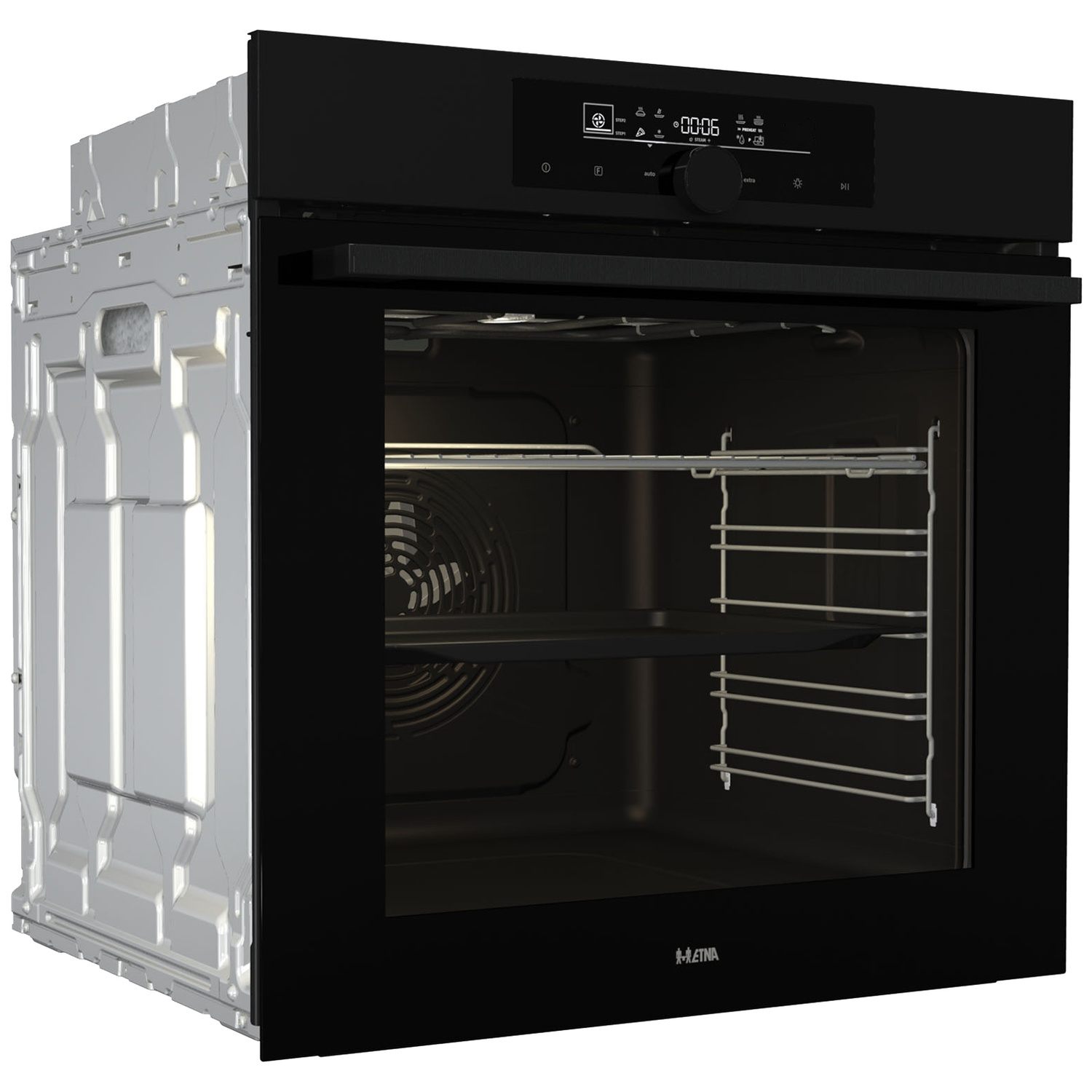 Four encastrable noir avec écran numérique, grille et ventilateur.