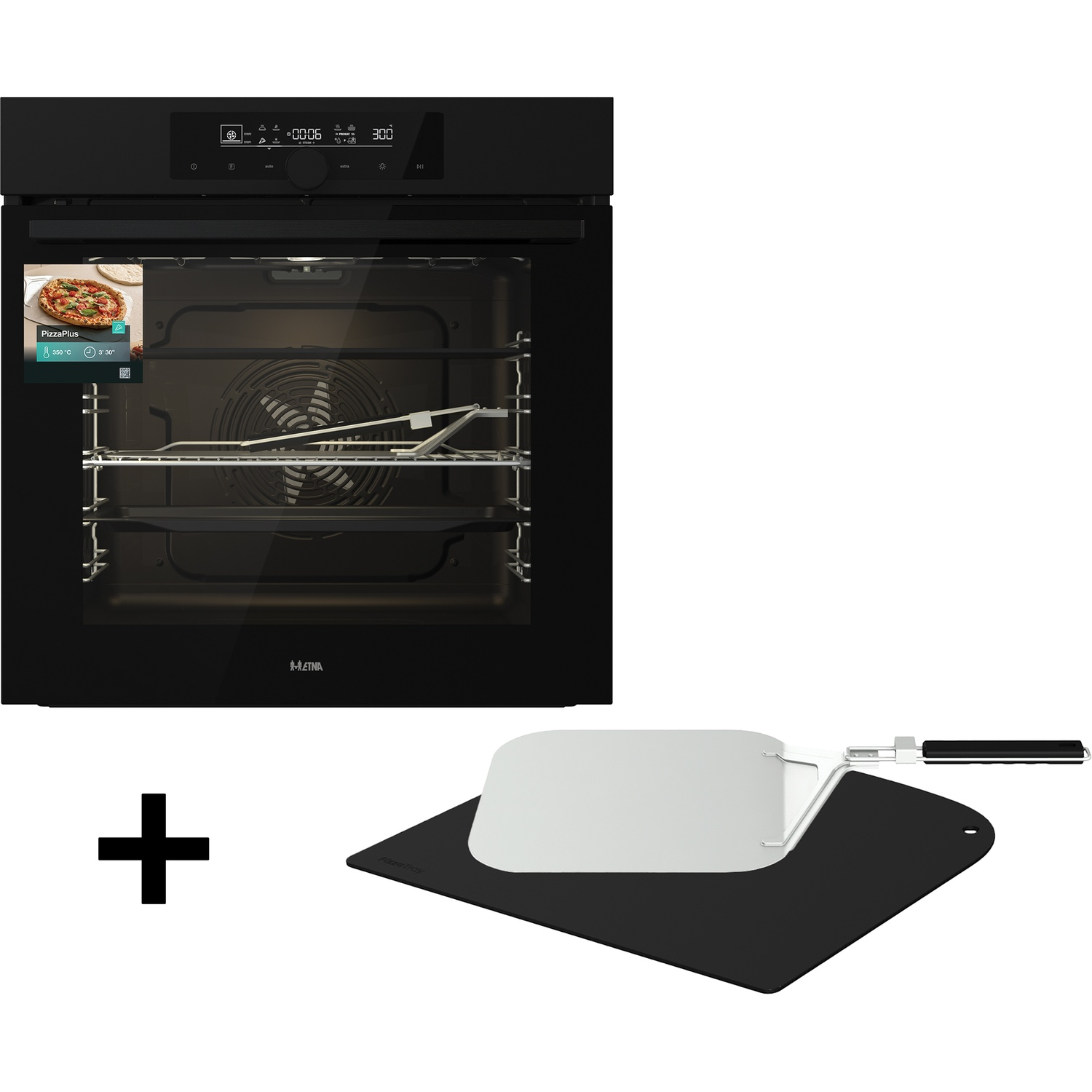 Un four encastrable noir avec écran PizzaPlus, à côté d'une pelle à pizza sur un tapis.