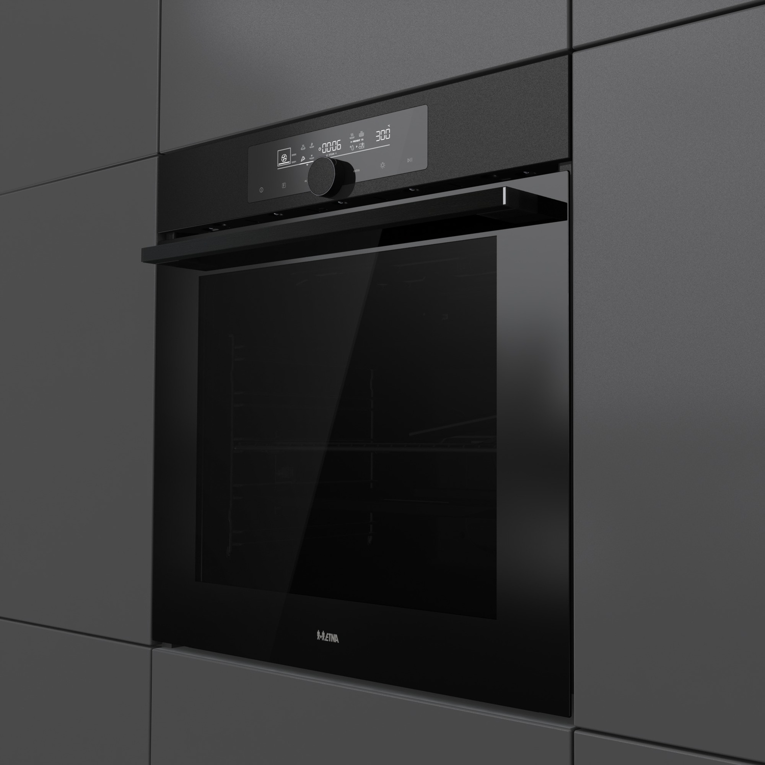 Un four encastrable noir moderne avec écran numérique et bouton de commande.