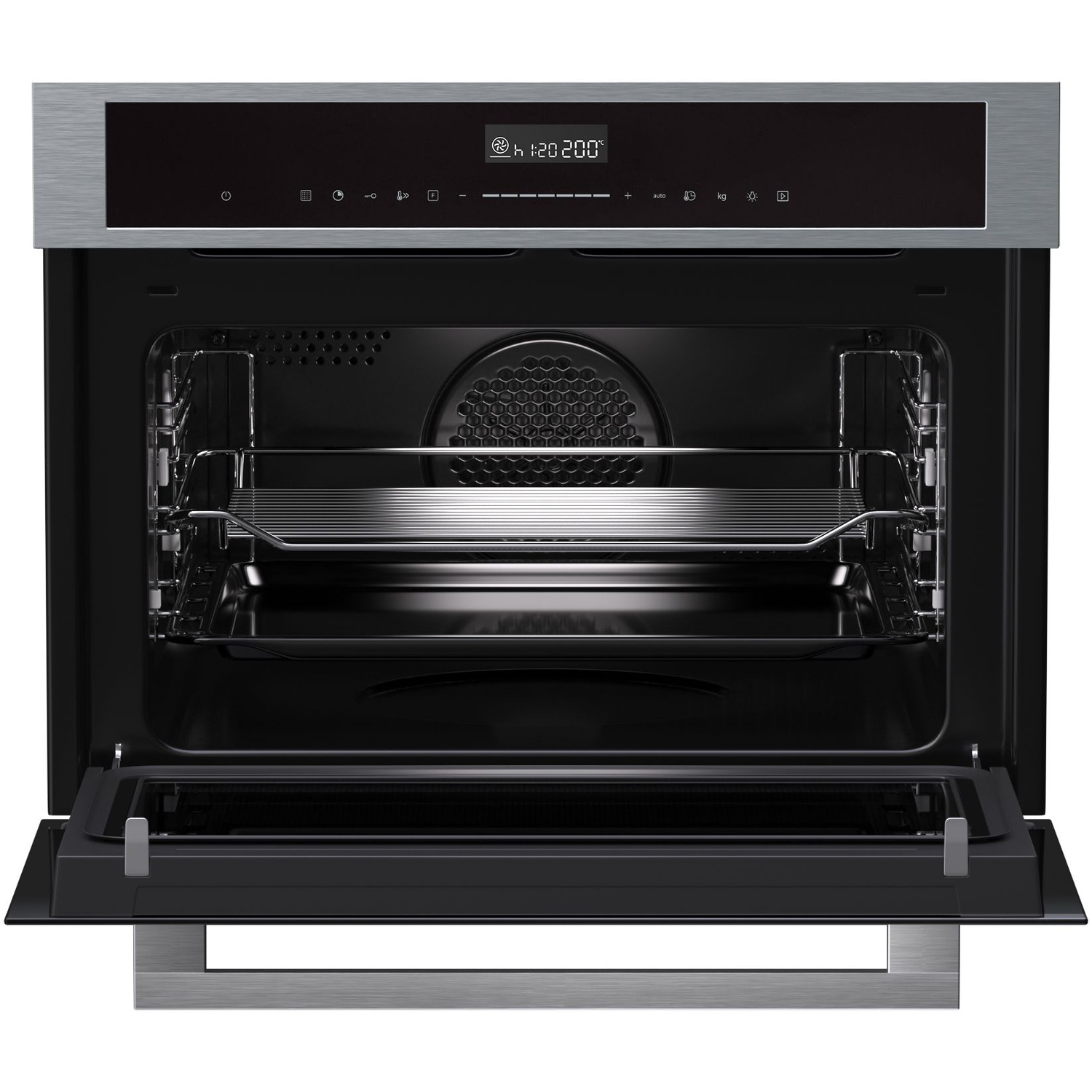 A modern, open built-in oven with a digital display and metal handle.
