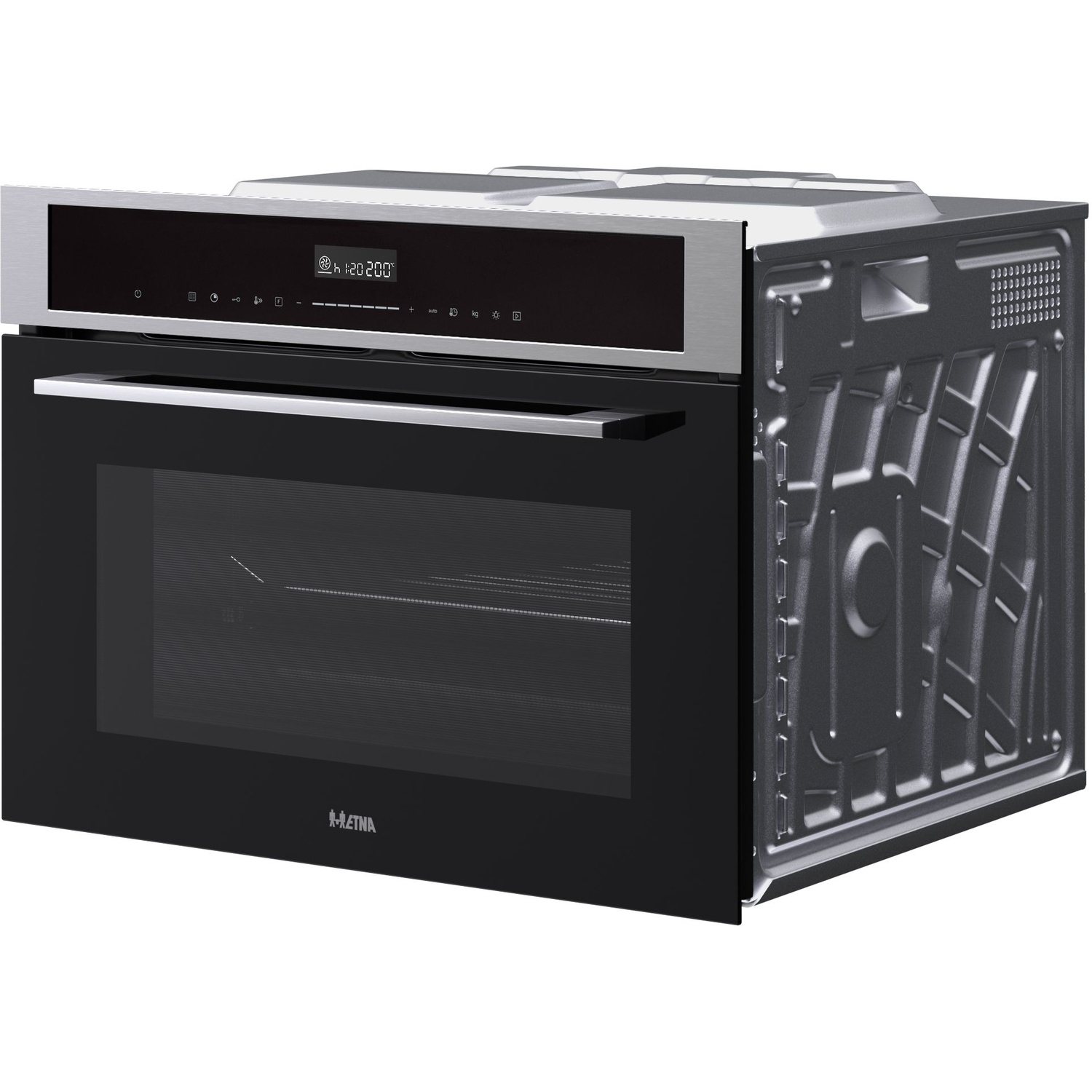 A modern built-in oven with a black glass door and a silver control panel.