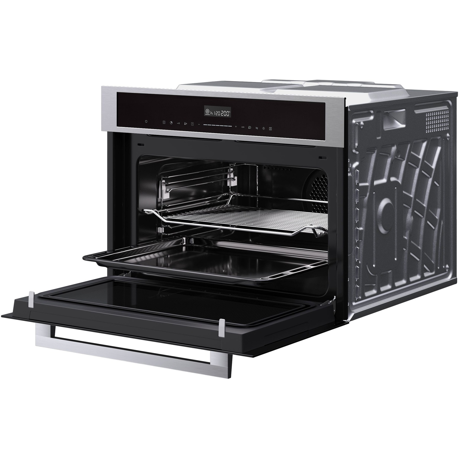 A modern built-in oven with its door open, showing the interior.