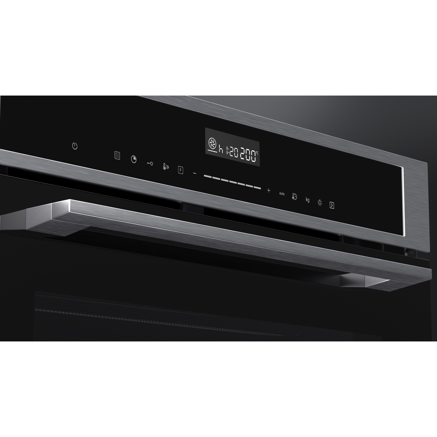 A modern oven with a digital display shows 1:20 and 200 degrees.