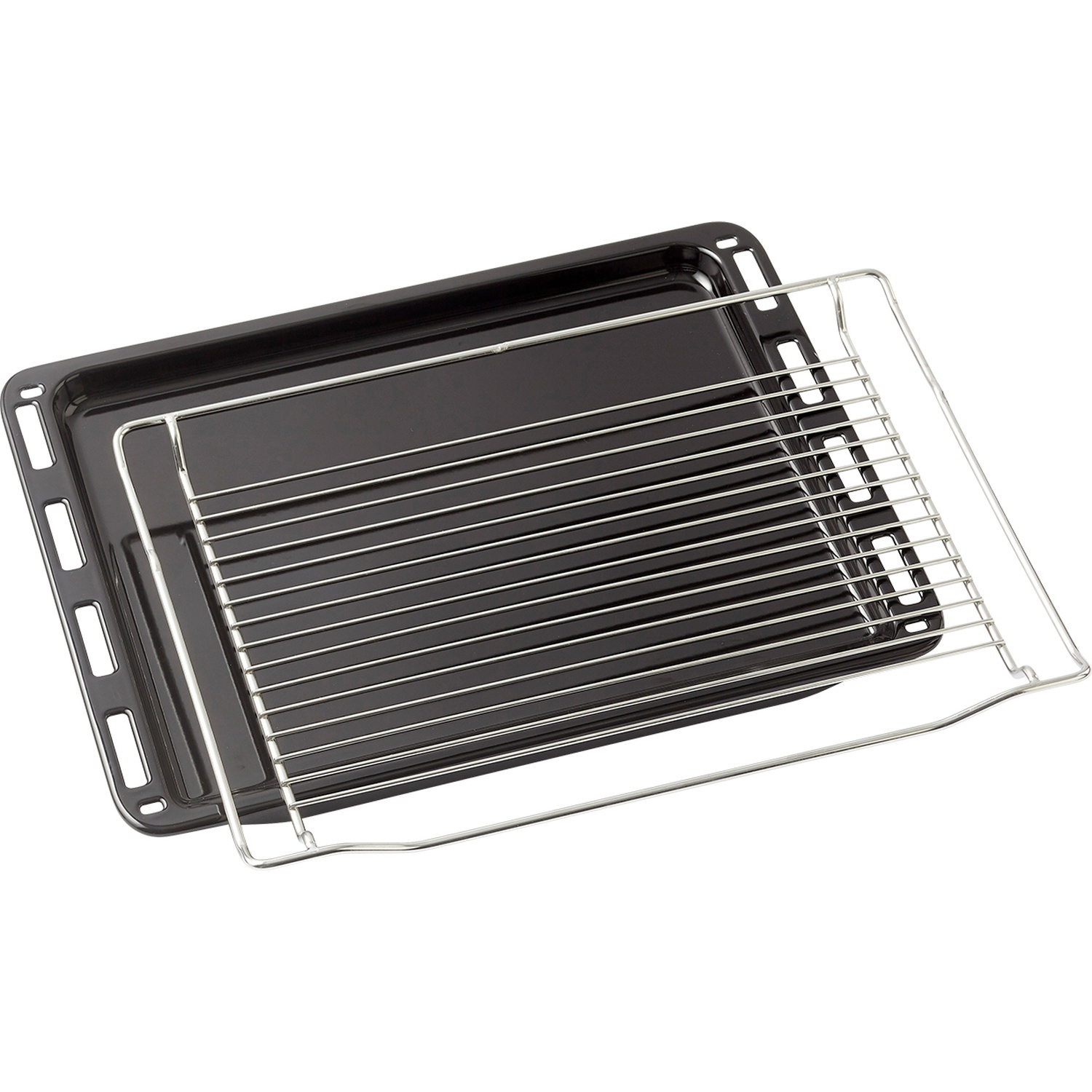A black baking tray with a silver rack on top, isolated on a white background.