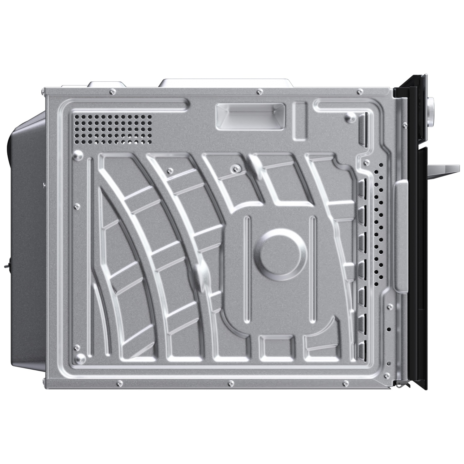 Rear view of a silver microwave oven, showing vents and rivets.