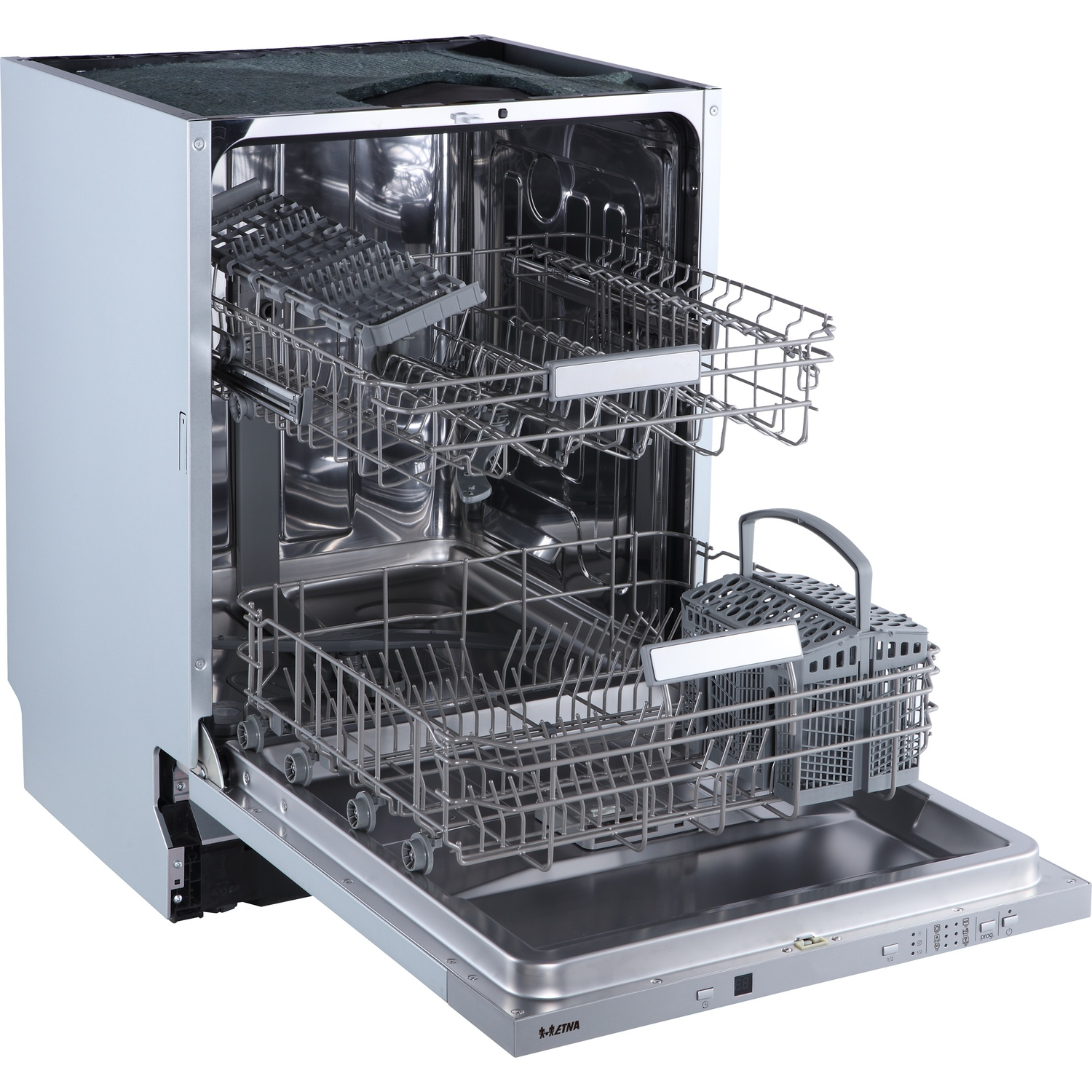 A silver dishwasher with open racks and a cutlery basket.