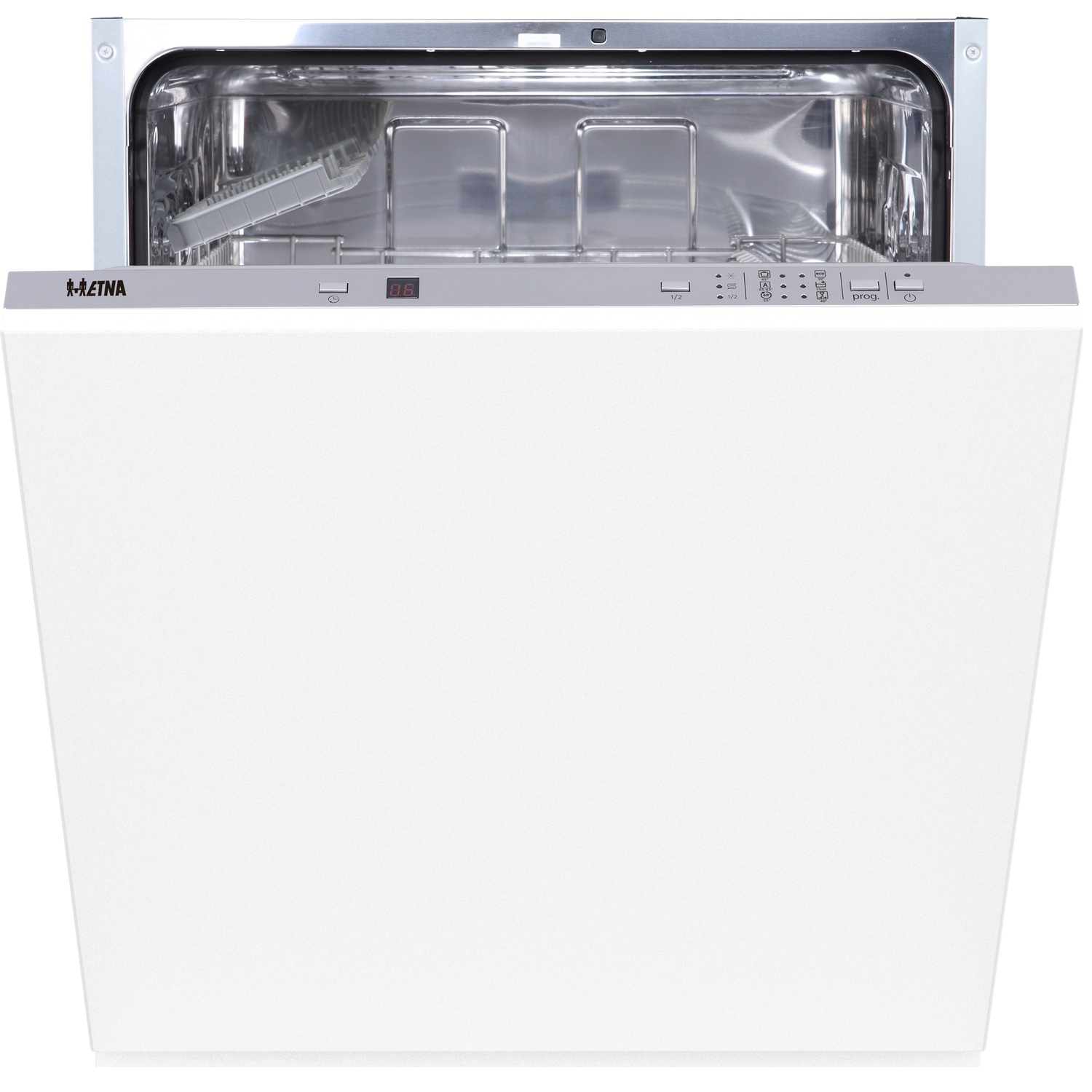A white built-in dishwasher with its door open, showing the interior.